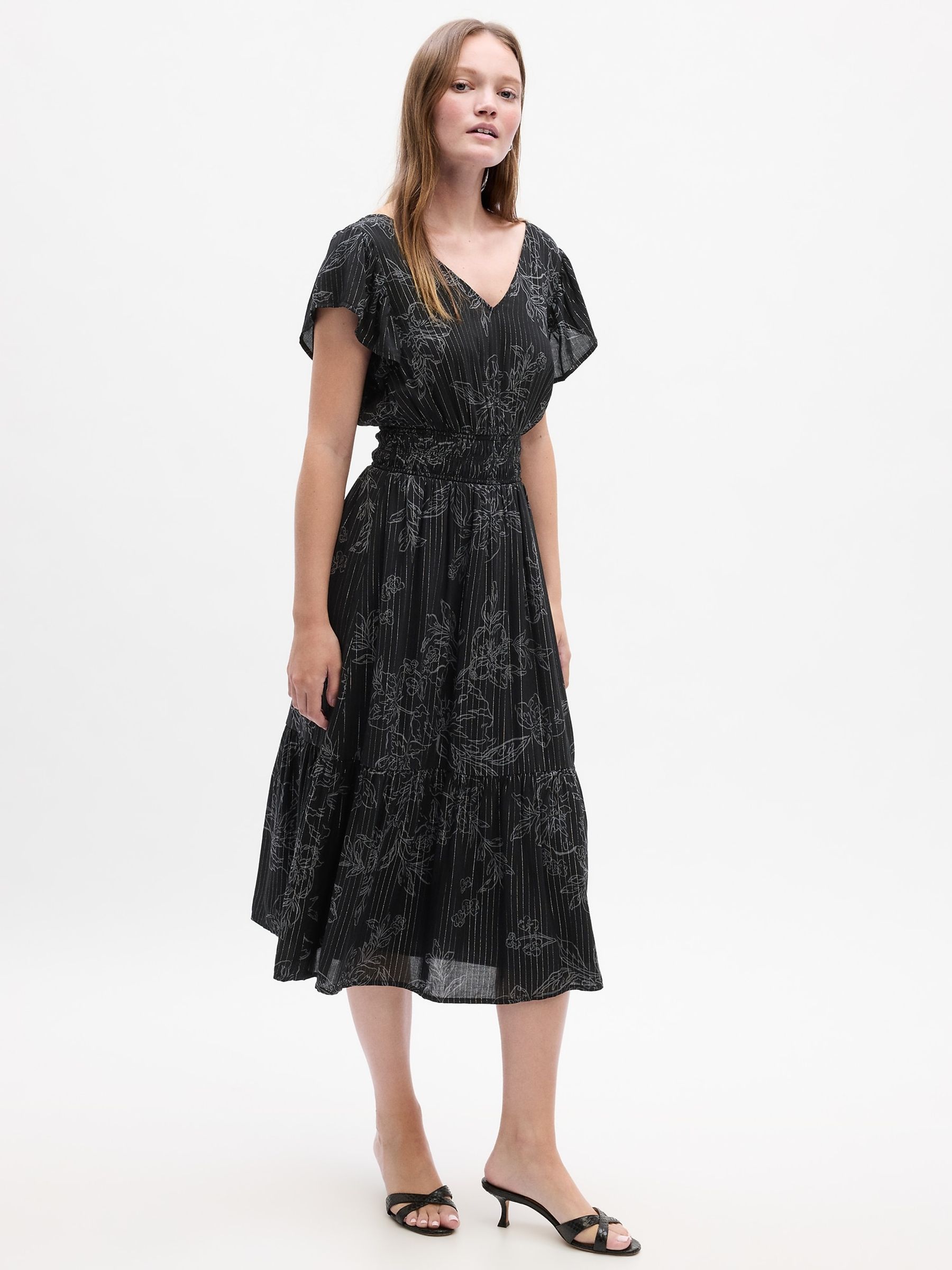 Black Smocked Print Flutter Sleeve Midi Dress - Image 3 of 5