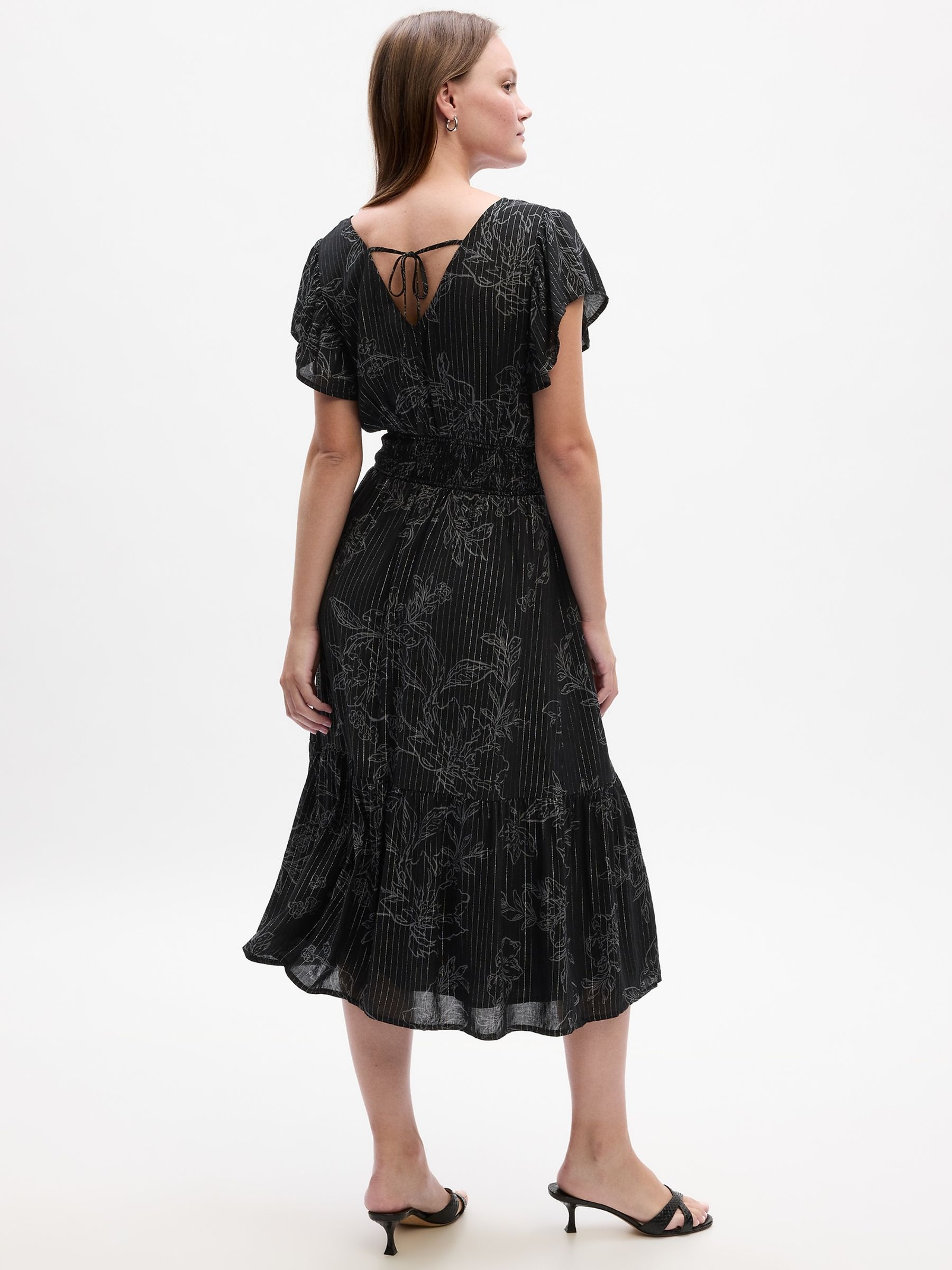 Black Smocked Print Flutter Sleeve Midi Dress - Image 4 of 5
