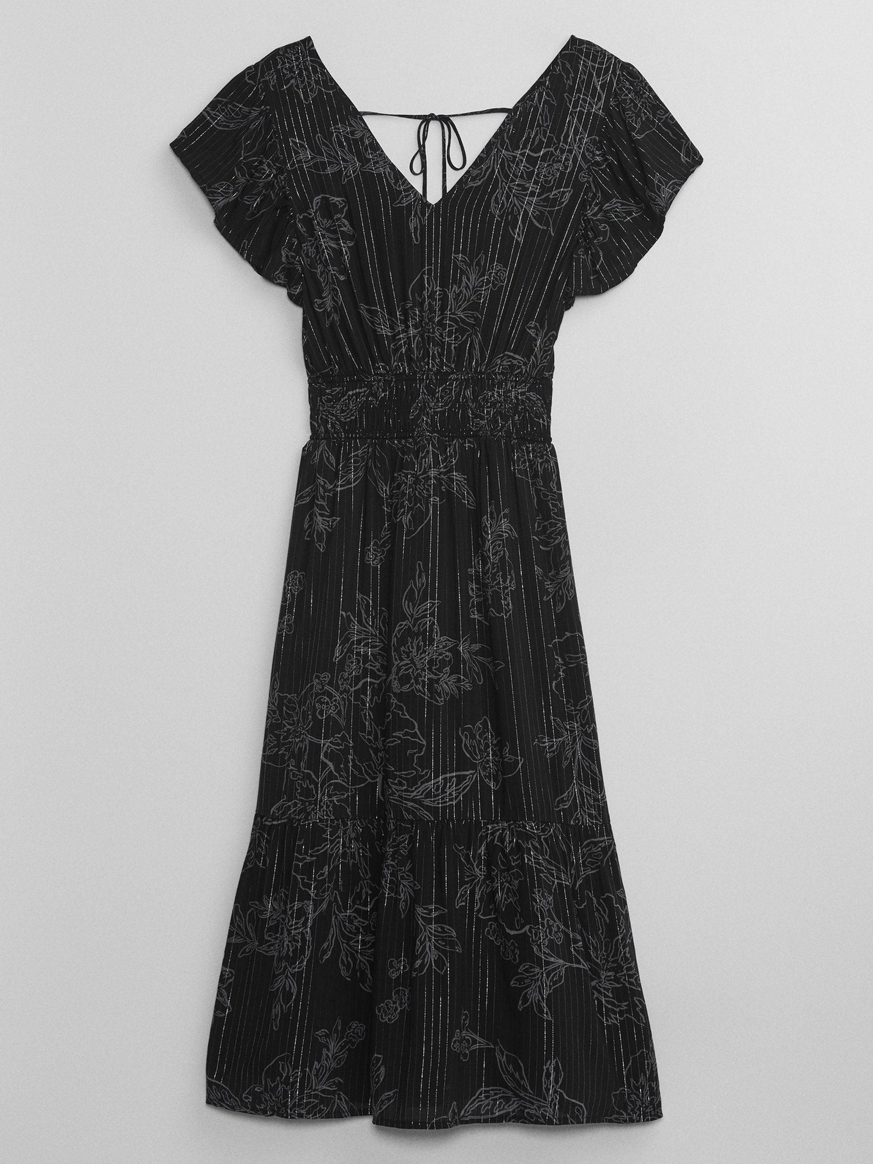 Black Smocked Print Flutter Sleeve Midi Dress - Image 5 of 5