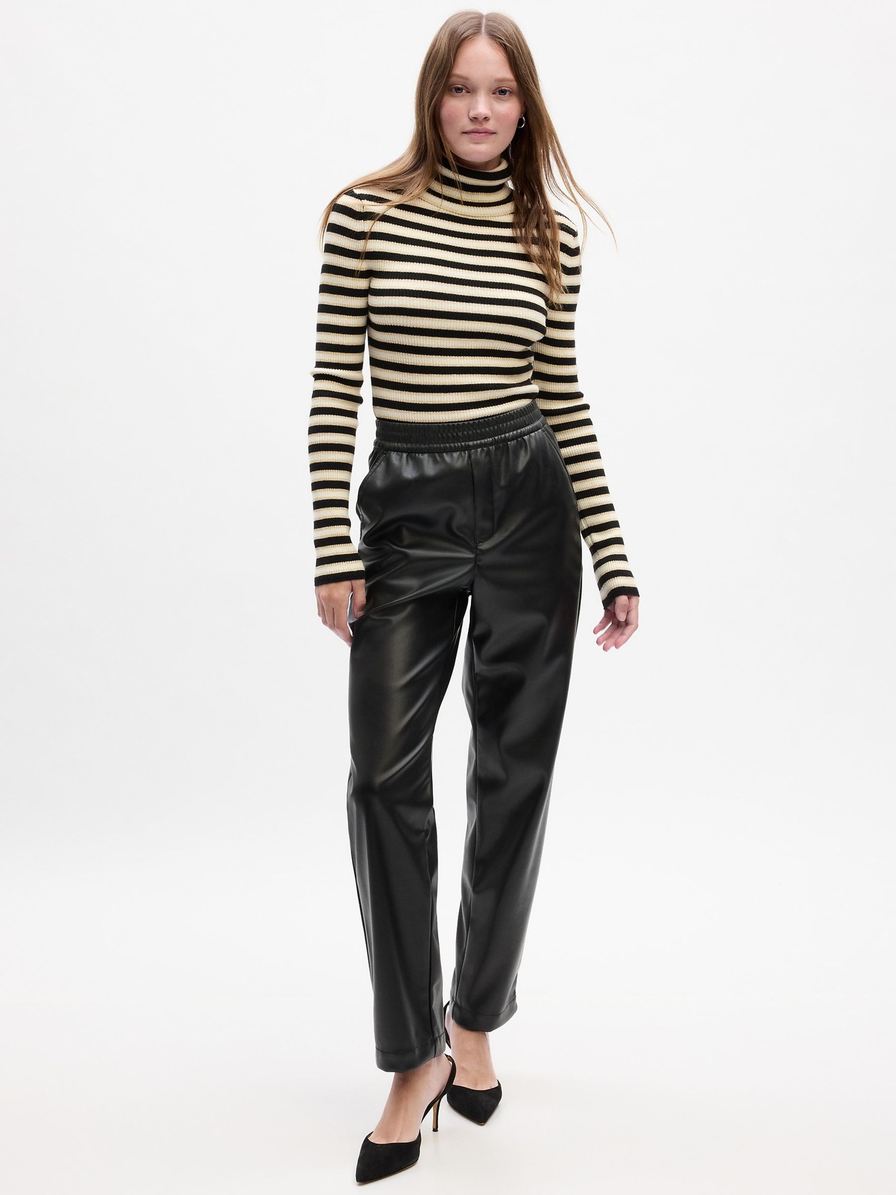 Black/White Ribbed Turtle Neck Stripe Jumper - Image 1 of 1