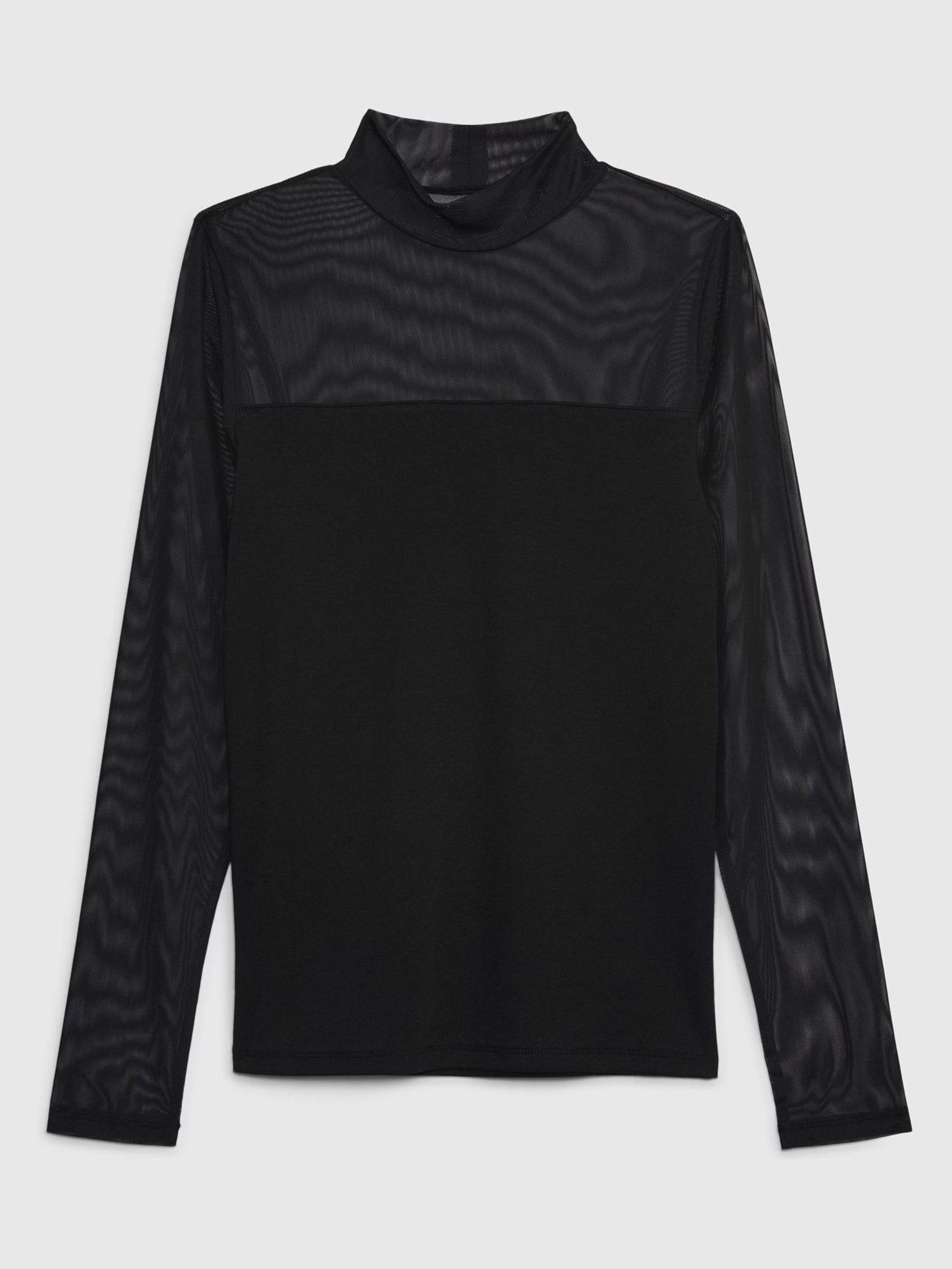 Black Modern Mock Neck Mesh Long Sleeve T-Shirt - Image 4 of 4