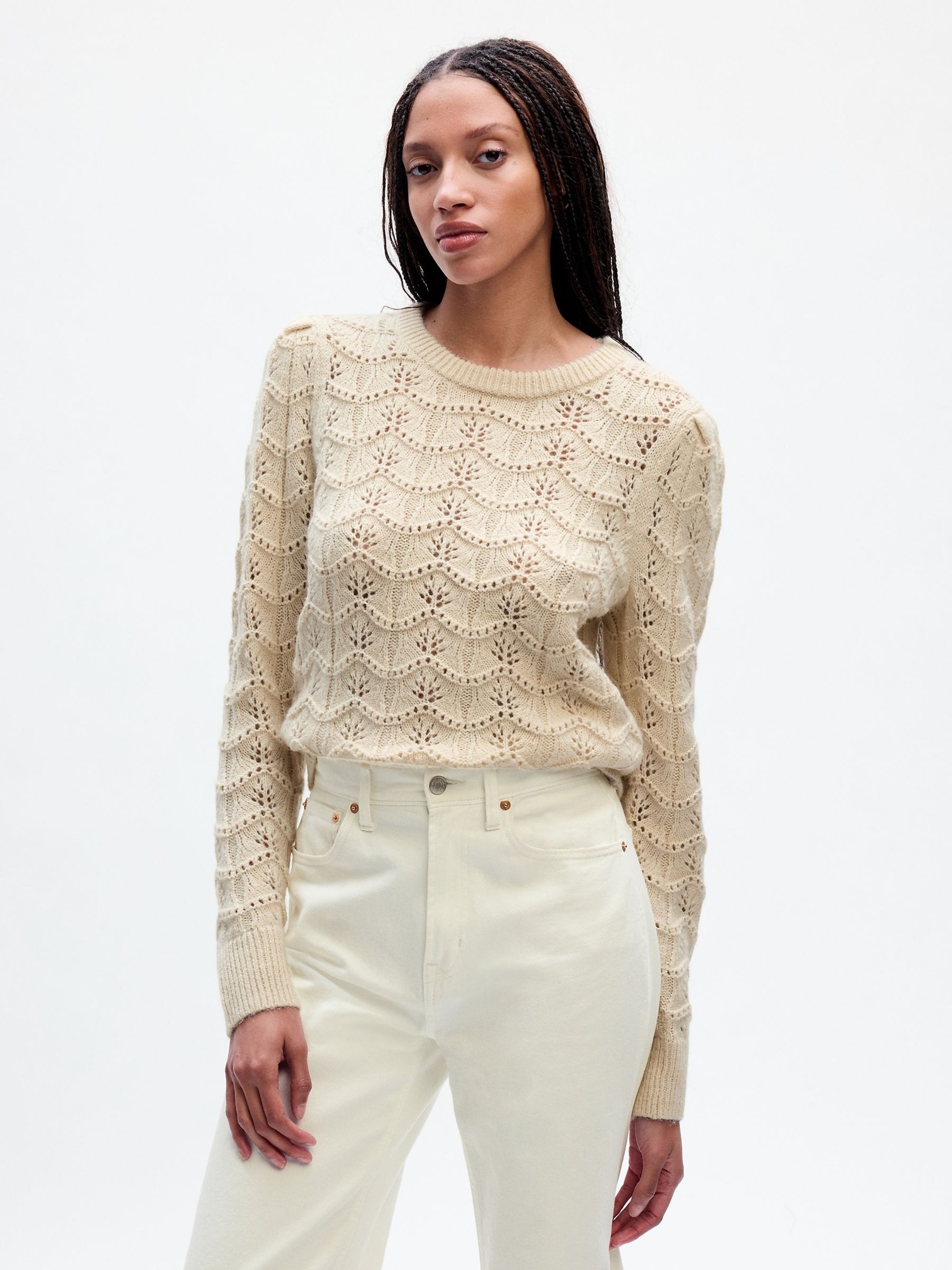 Beige Pointelle Crew Neck Sweater - Image 1 of 1