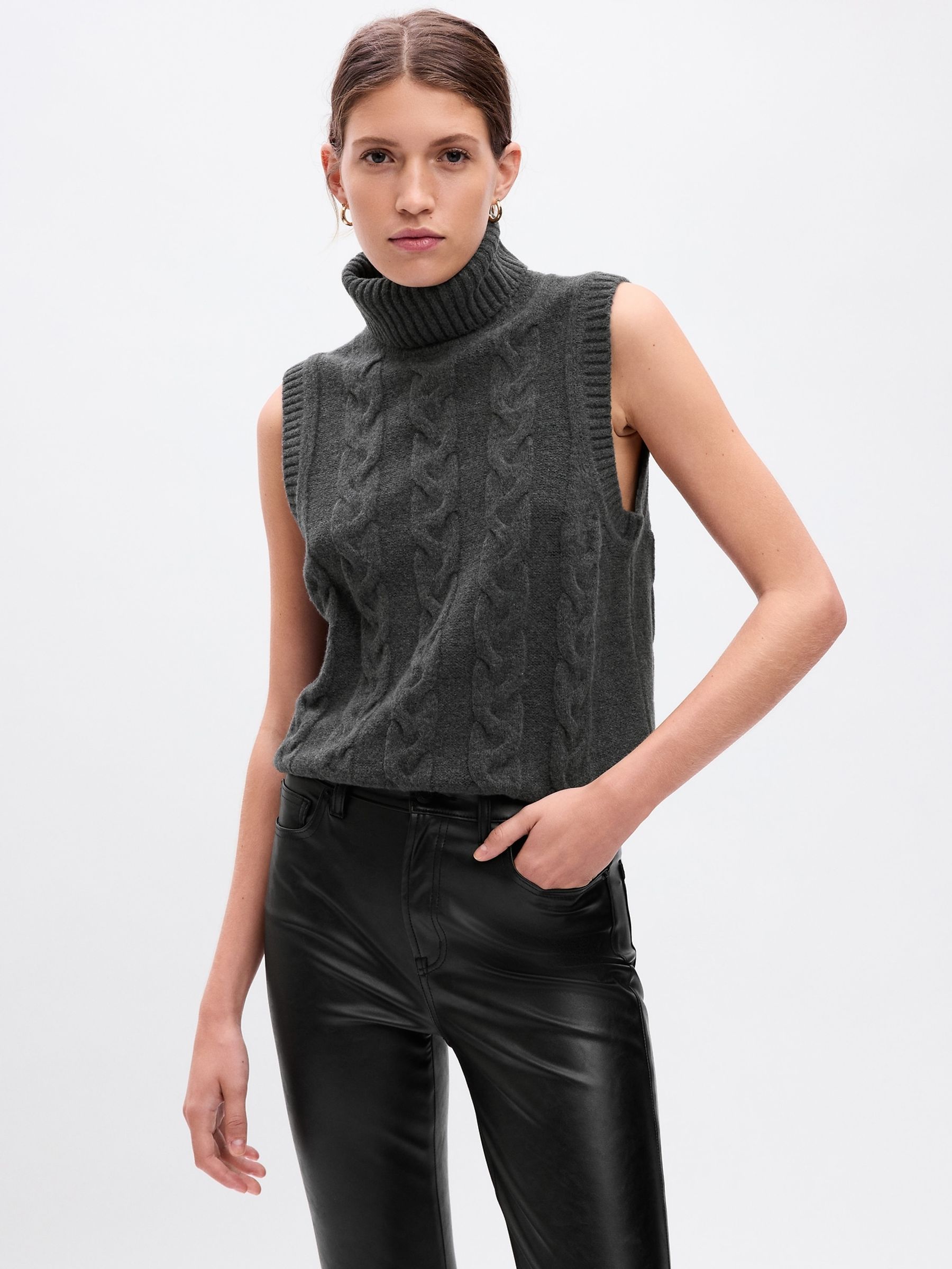 Grey Cable Knit Turtle Neck Sleeveless Jumper - Image 1 of 1