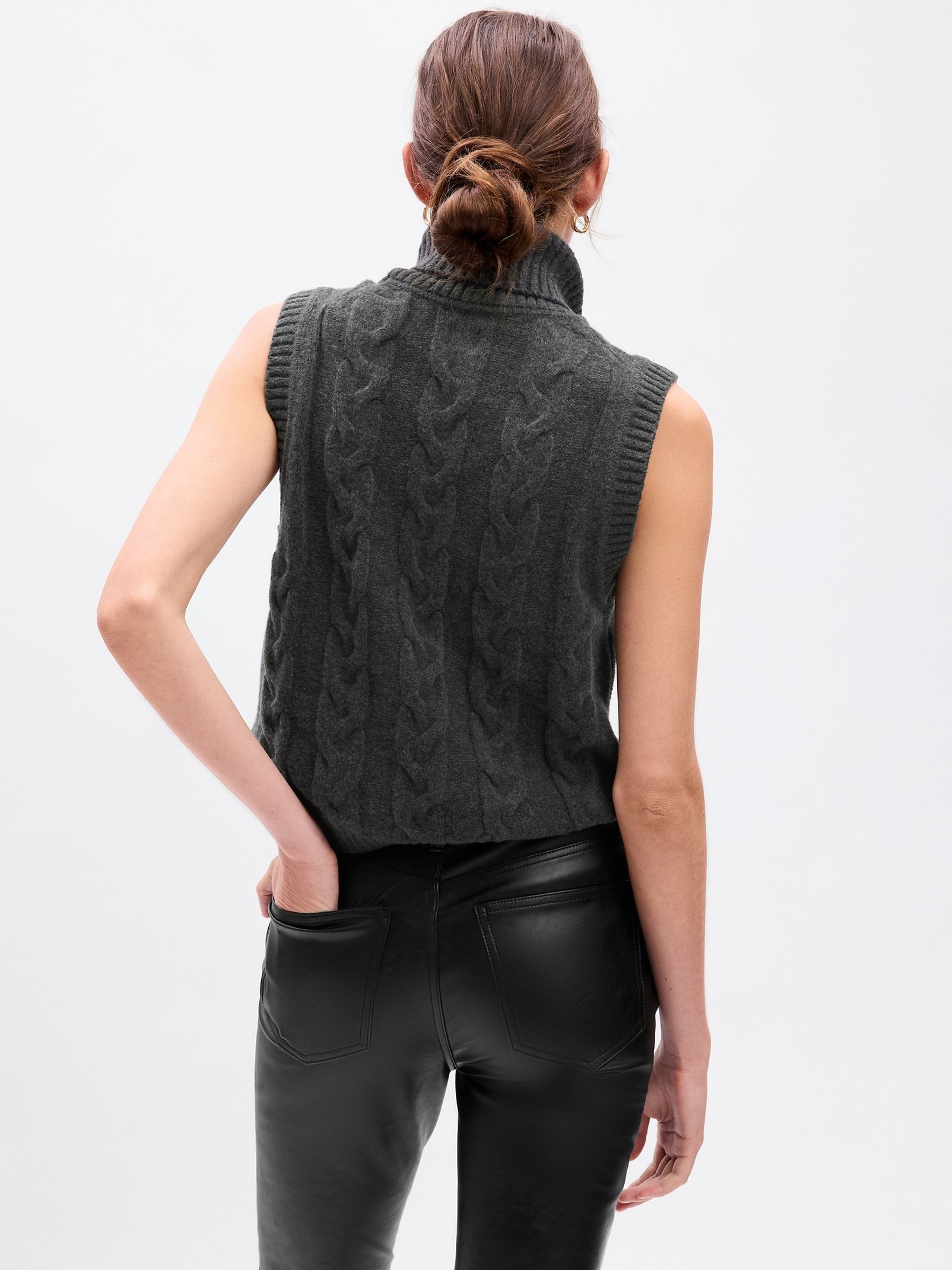 Grey Cable Knit Turtle Neck Sleeveless Jumper - Image 2 of 4