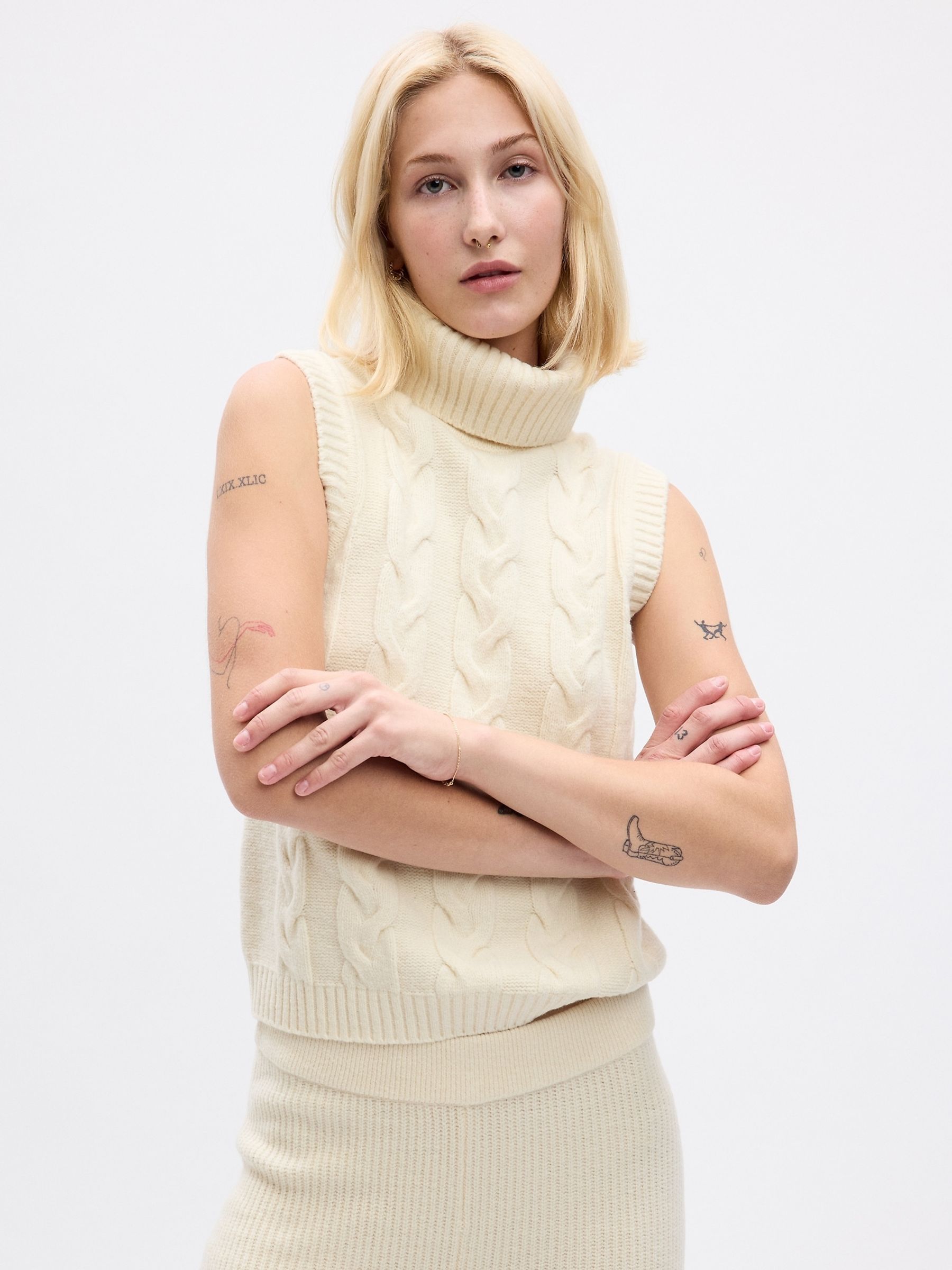 Cream Cable Knit Turtle Neck Sleeveless Jumper - Image 1 of 2