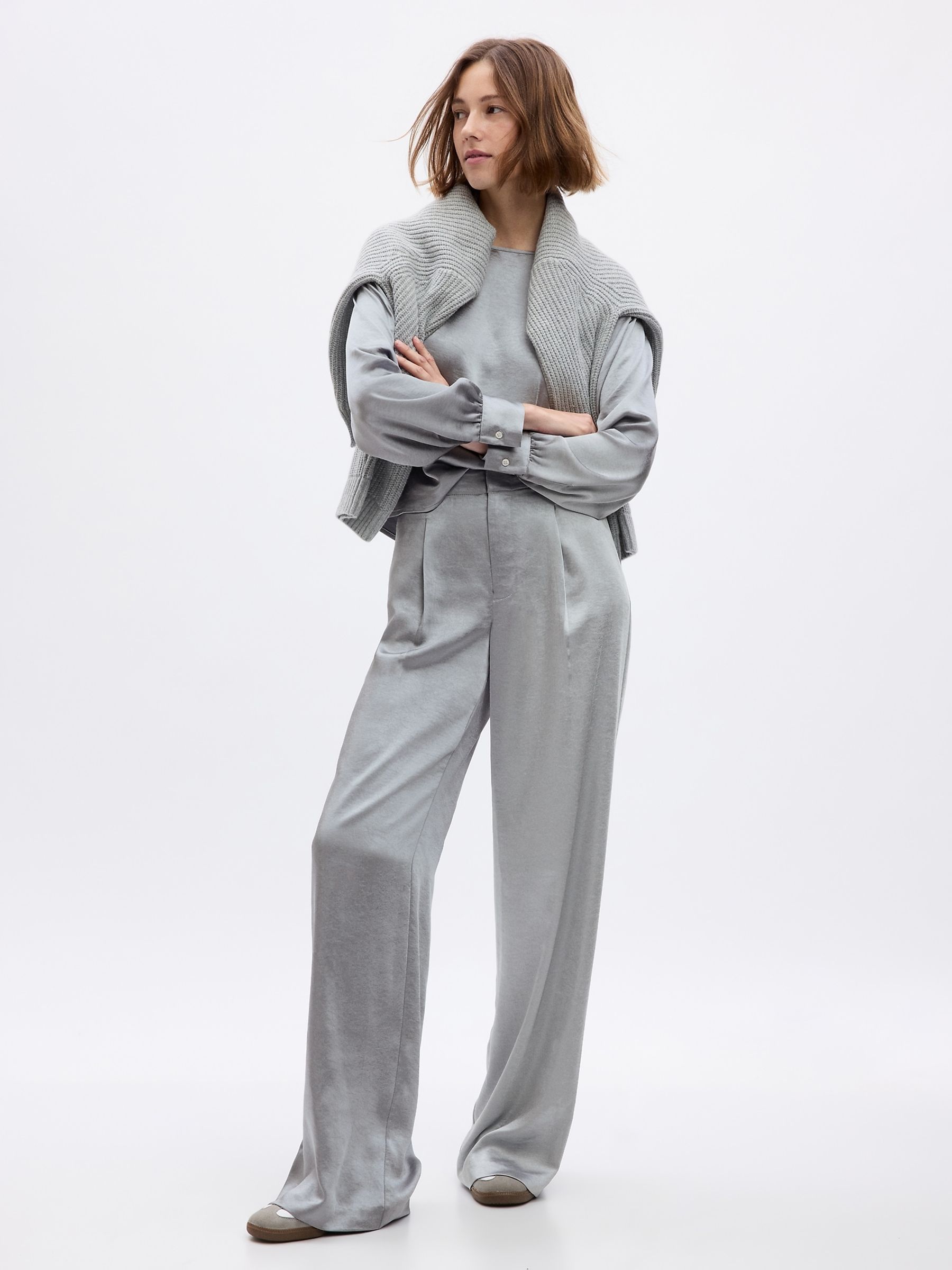 Grey High Waisted Pleated Satin Wide Leg Trousers - Image 1 of 5