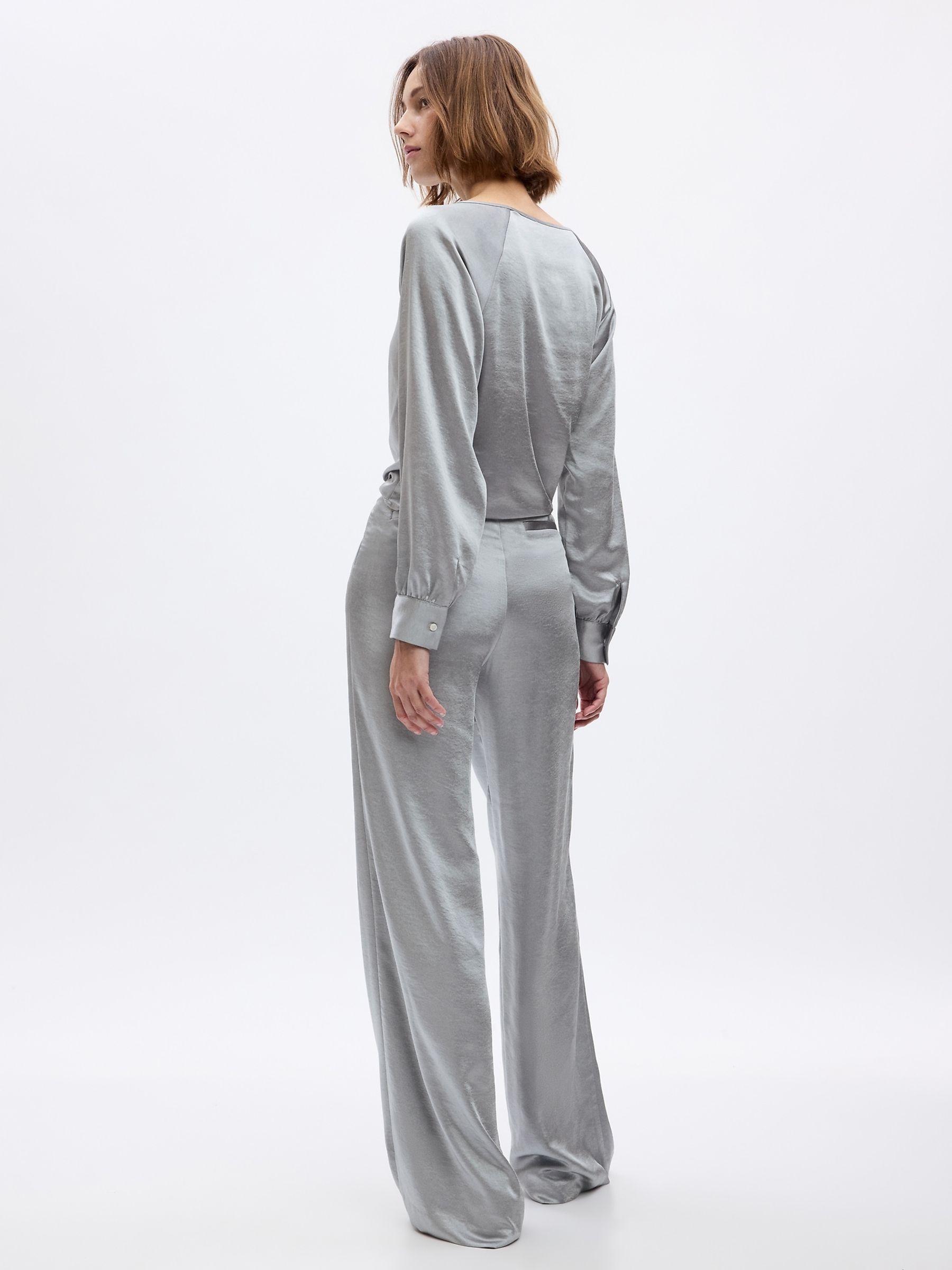 Grey High Waisted Pleated Satin Wide Leg Trousers - Image 2 of 5