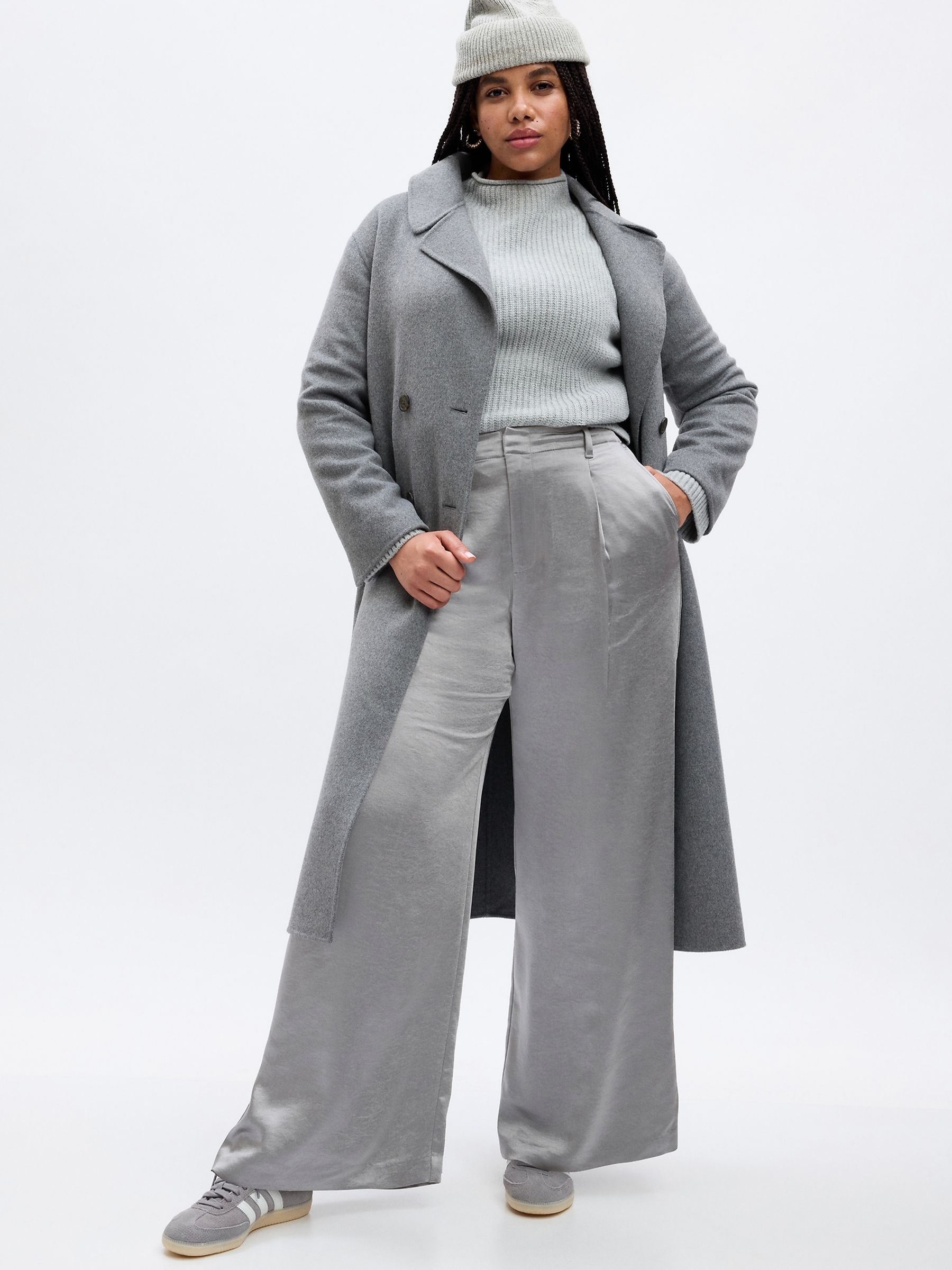 Grey High Waisted Pleated Satin Wide Leg Trousers - Image 4 of 5