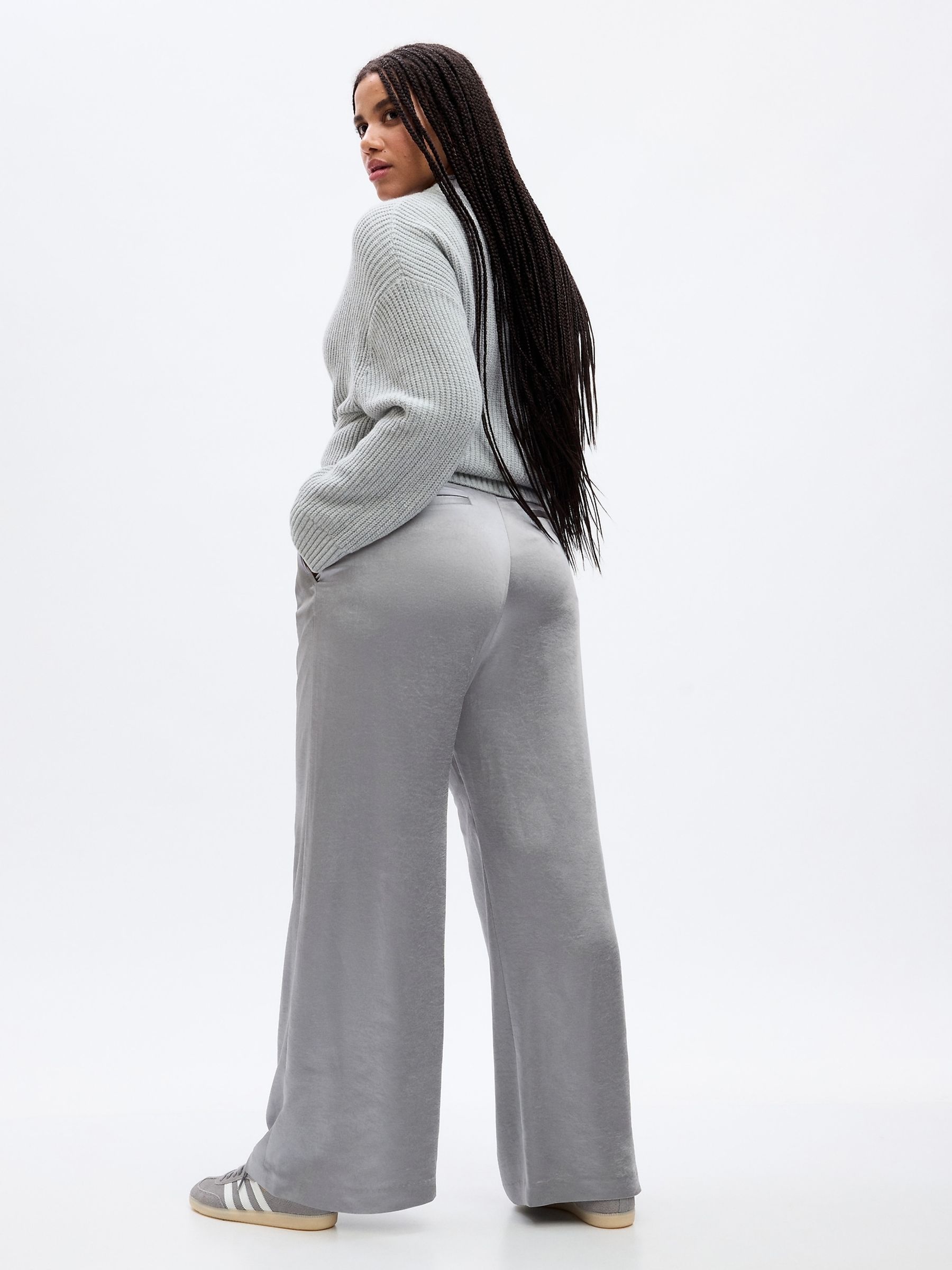 Grey High Waisted Pleated Satin Wide Leg Trousers - Image 5 of 5