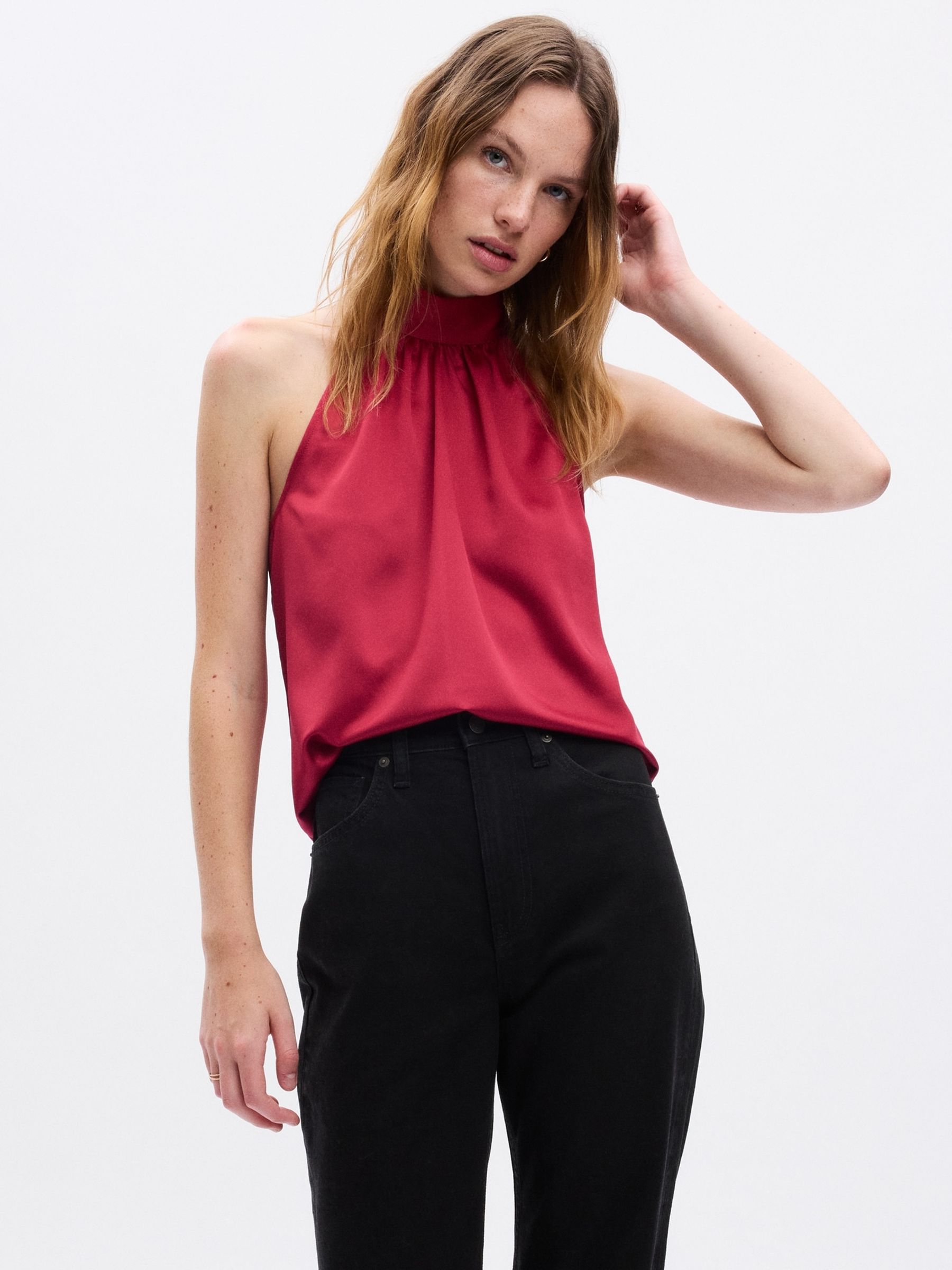 red satin halter top