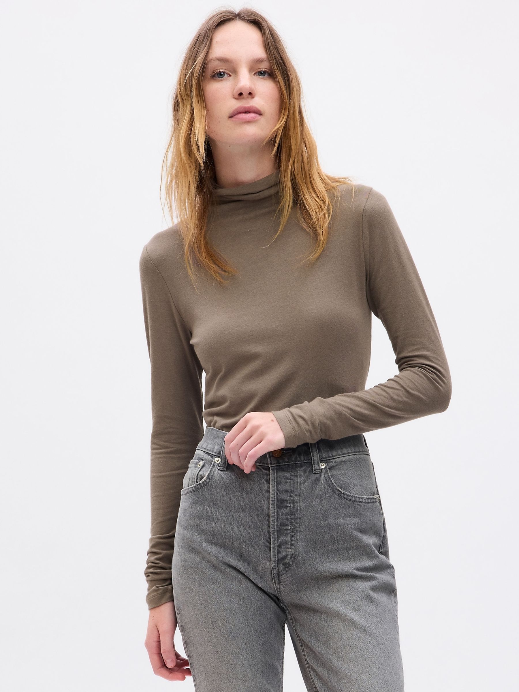 Dark Brown Turtle Neck Long Sleeve T-Shirt - Image 1 of 2