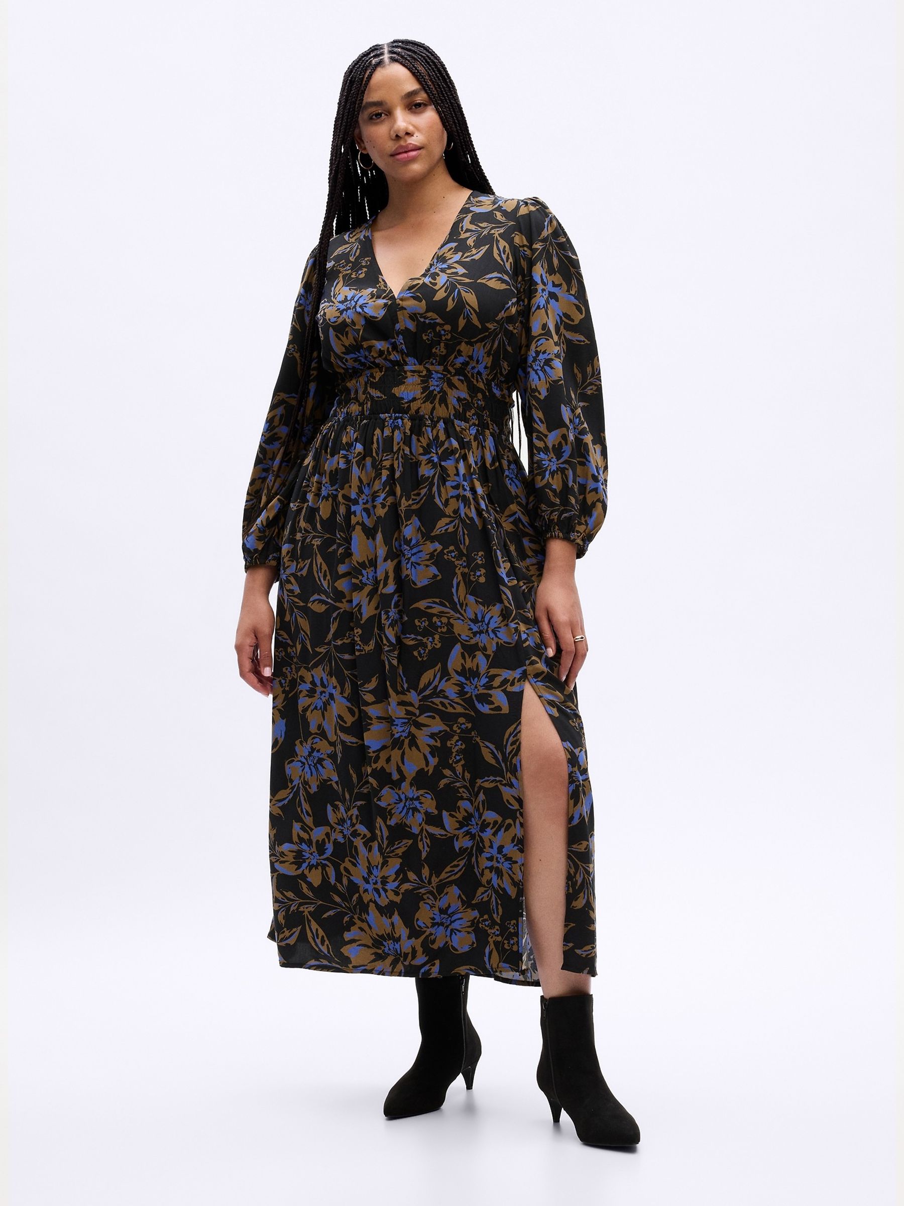 Black Floral Smocked V Neck Maxi Dress - Image 1 of 1