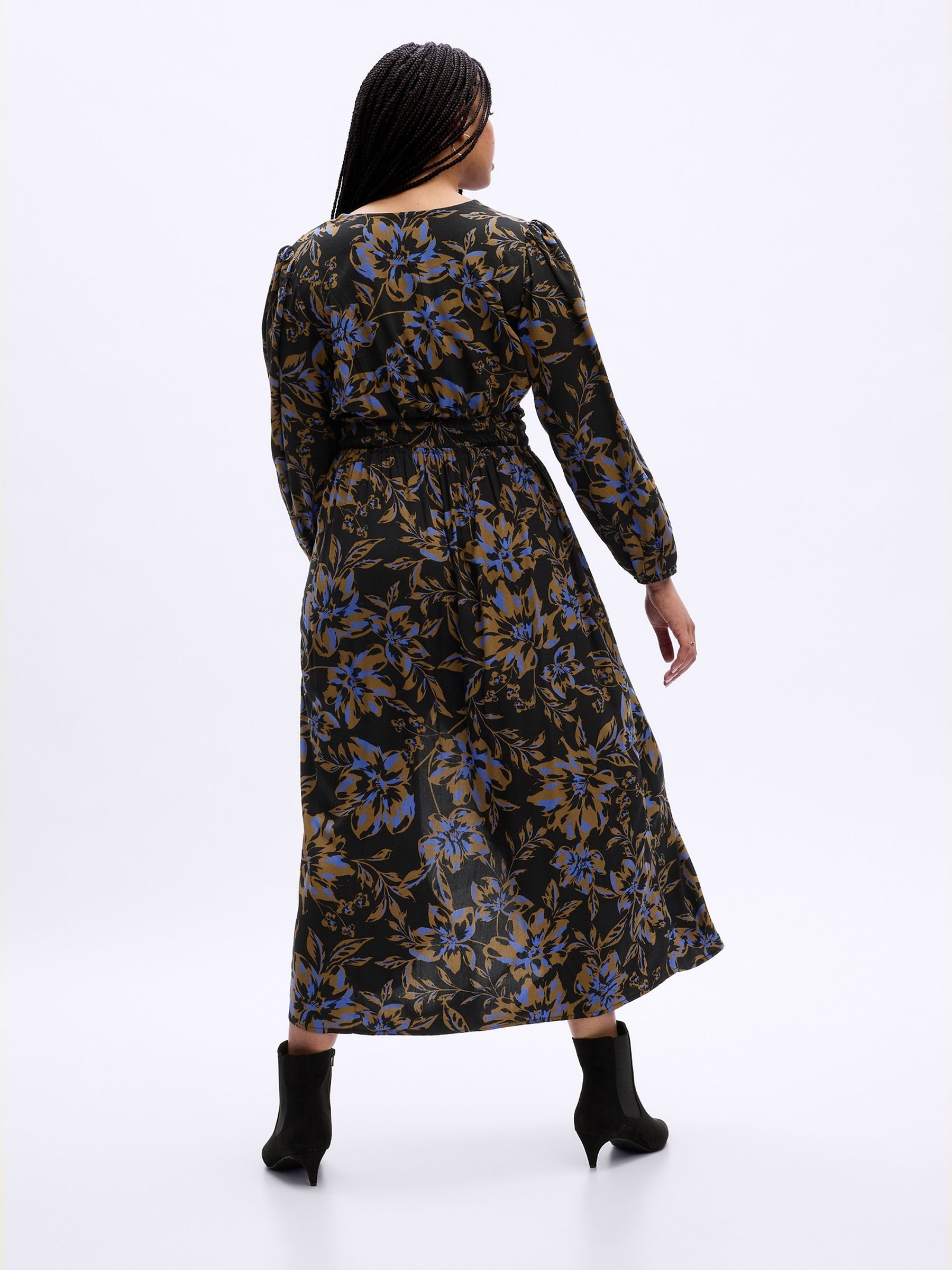 Black Floral Smocked V Neck Maxi Dress - Image 2 of 5