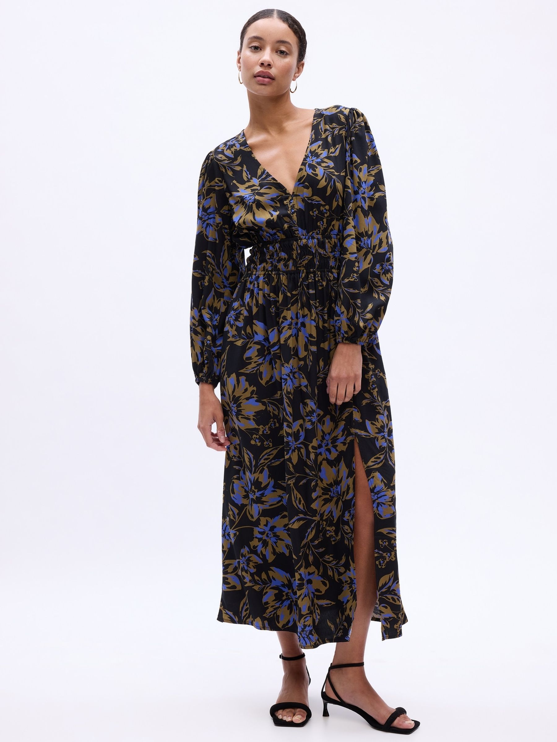Black Floral Smocked V Neck Maxi Dress - Image 3 of 5