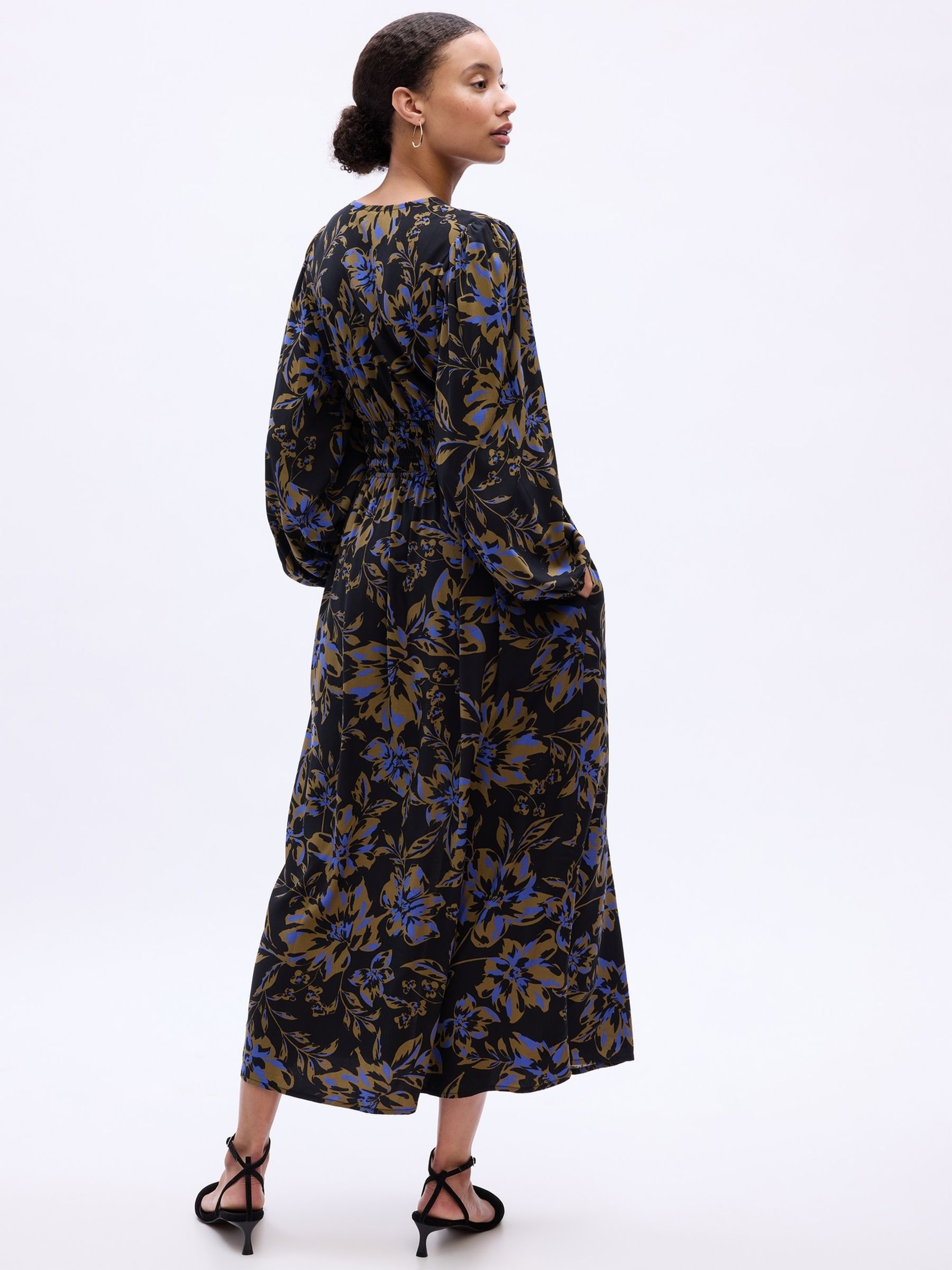 Black Floral Smocked V Neck Maxi Dress - Image 4 of 5