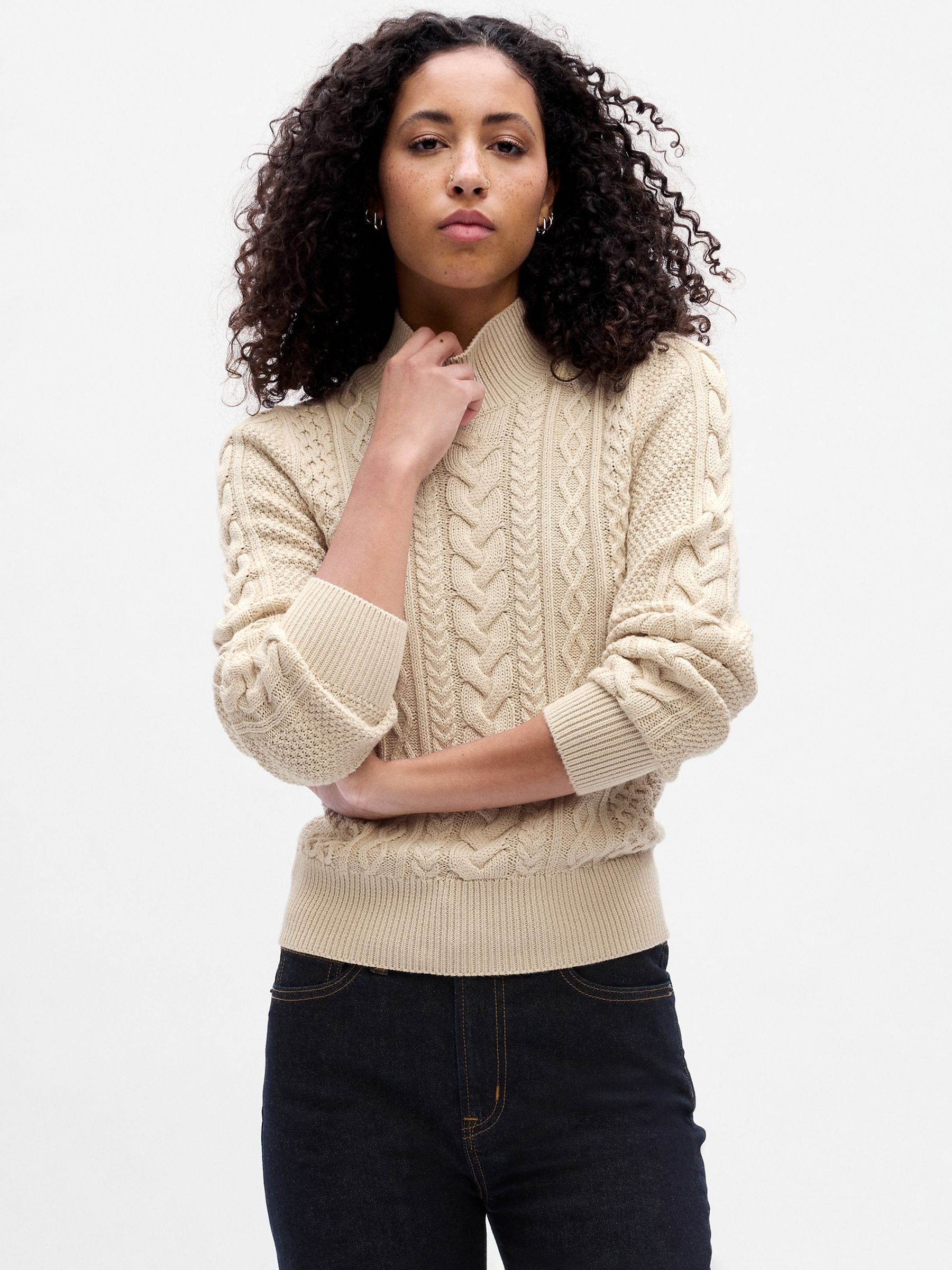 Cream Relaxed Cable Knit Mock Neck Jumper - Image 1 of 1