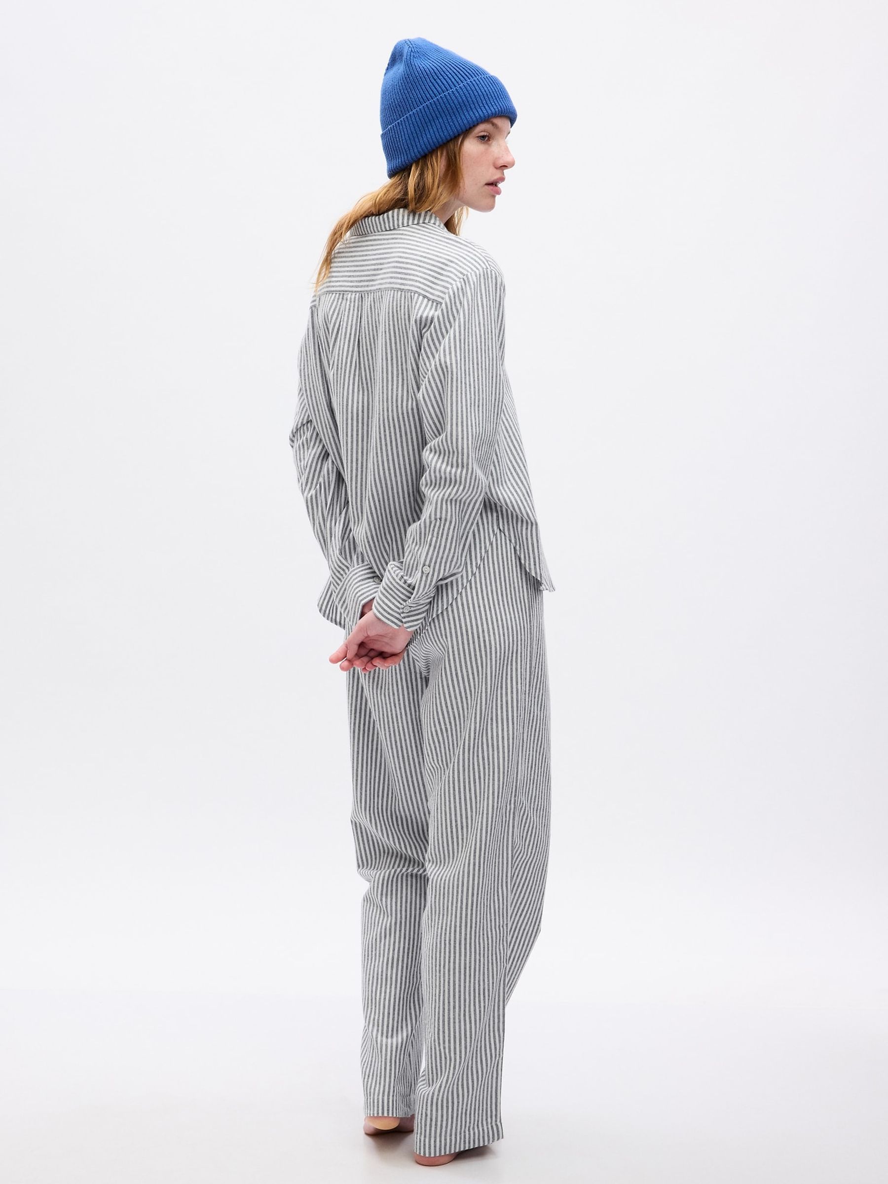 Grey Stripe Cotton Print Flannel Pyjama Set - Image 1 of 2
