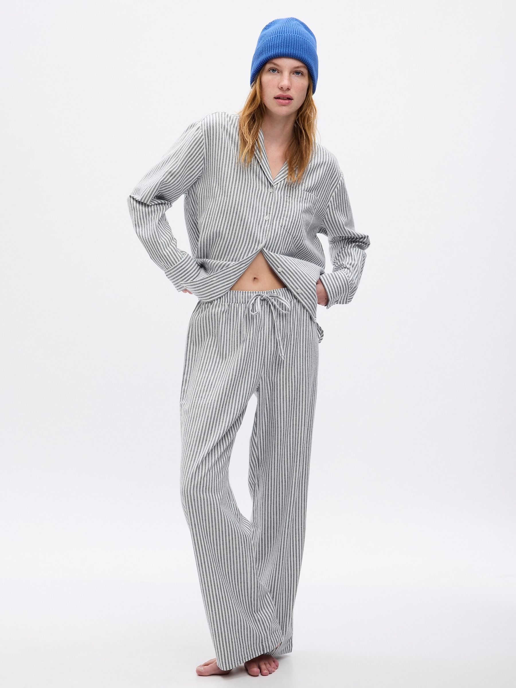 Grey Stripe Cotton Print Flannel Pyjama Set - Image 2 of 2 Grey Stripe Cotton Print Flannel Pyjama Set - Image 2 of 2