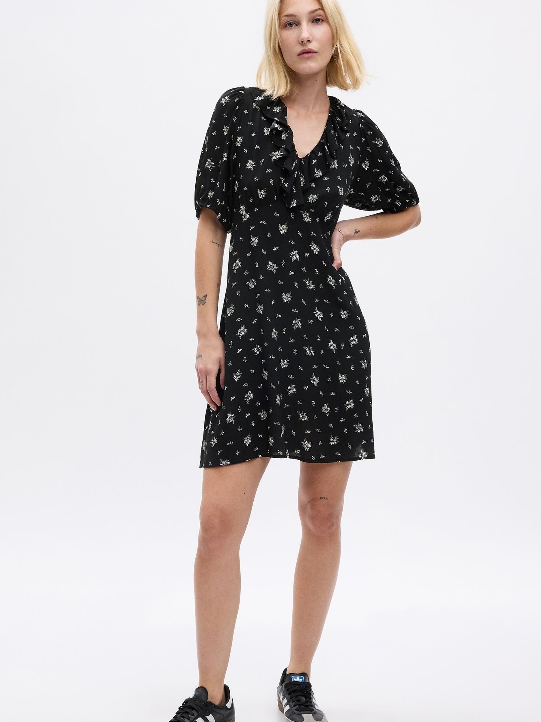 Black Ruffle Print Puff Sleeve Mini Dress - Image 1 of 4
