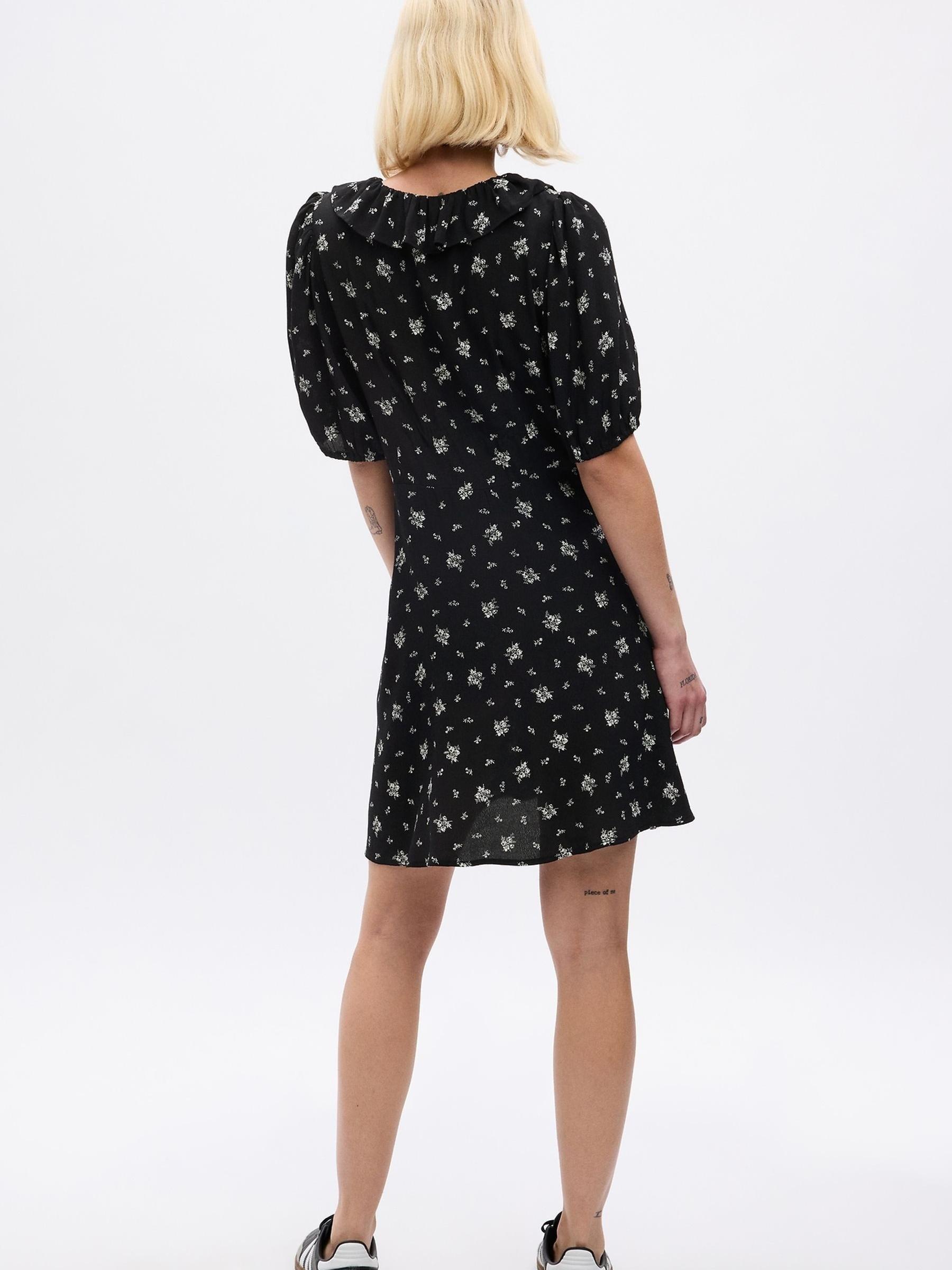 Black Ruffle Print Puff Sleeve Mini Dress - Image 2 of 4