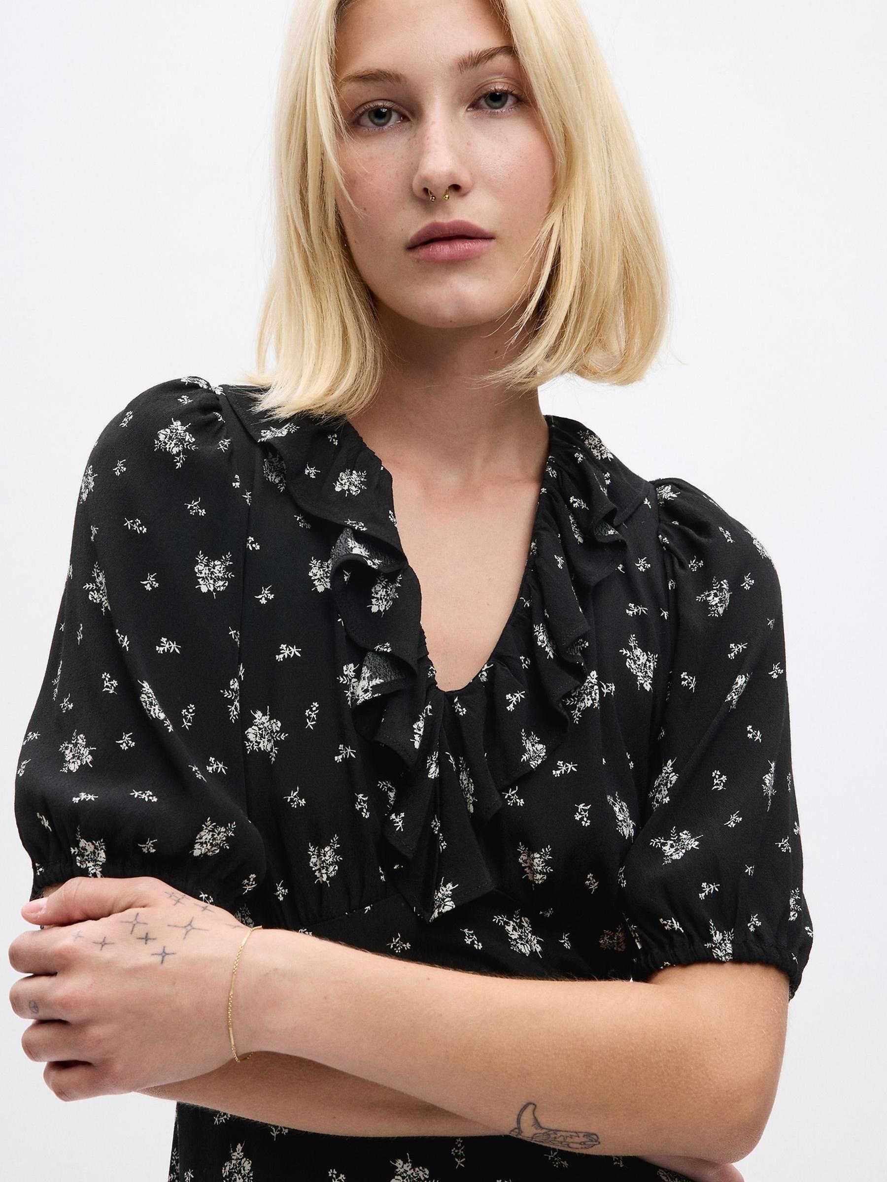 Black Ruffle Print Puff Sleeve Mini Dress - Image 3 of 4