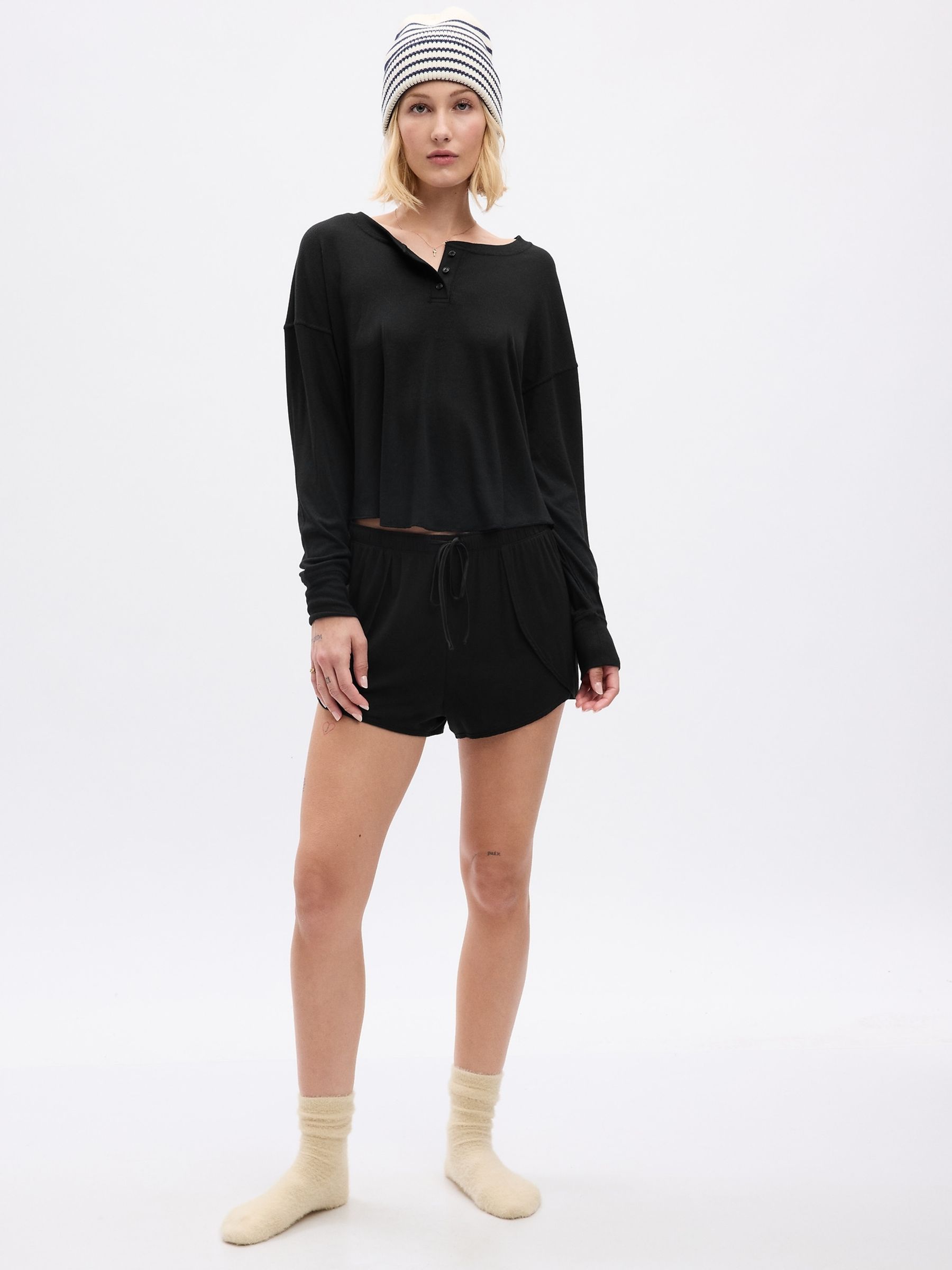 Black Ribbed Henley Long Sleeve Pyjama Top - Image 1 of 2