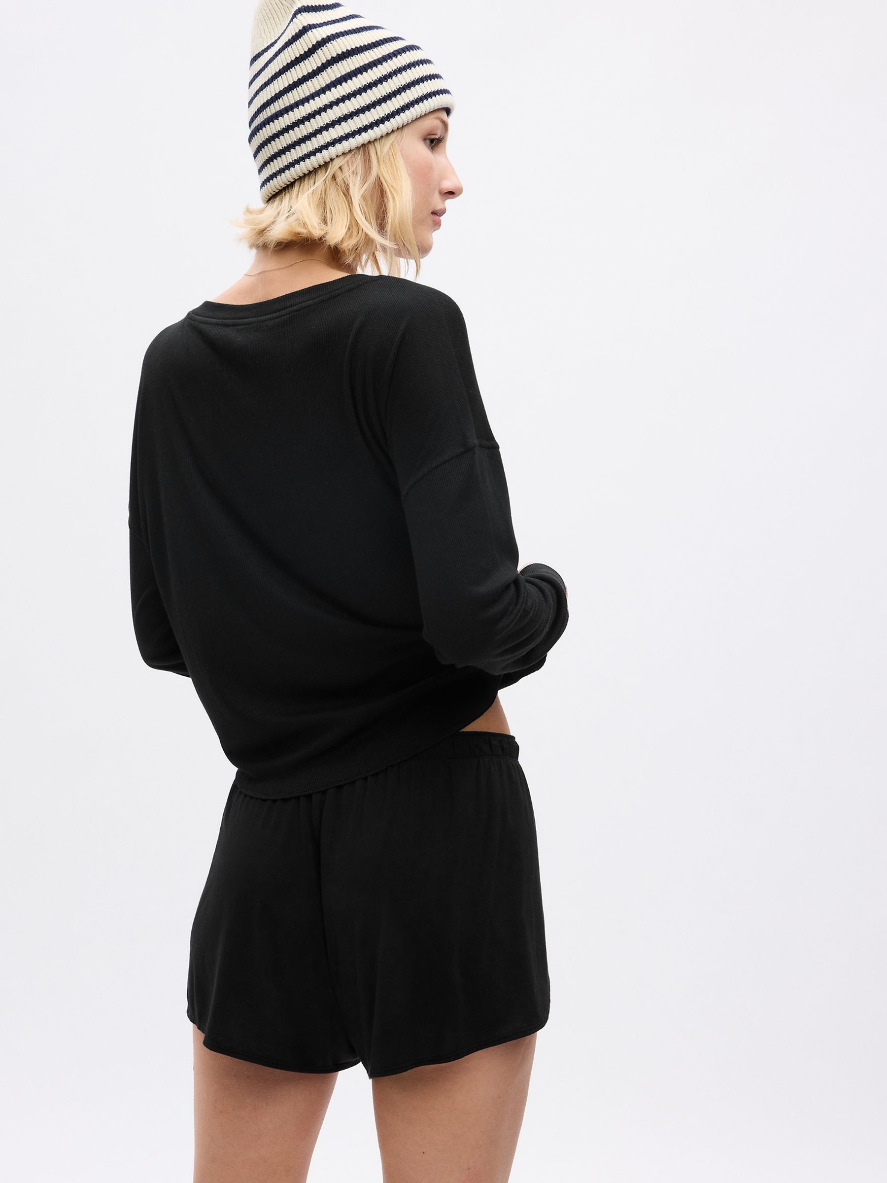 Black Ribbed Henley Long Sleeve Pyjama Top - Image 2 of 2