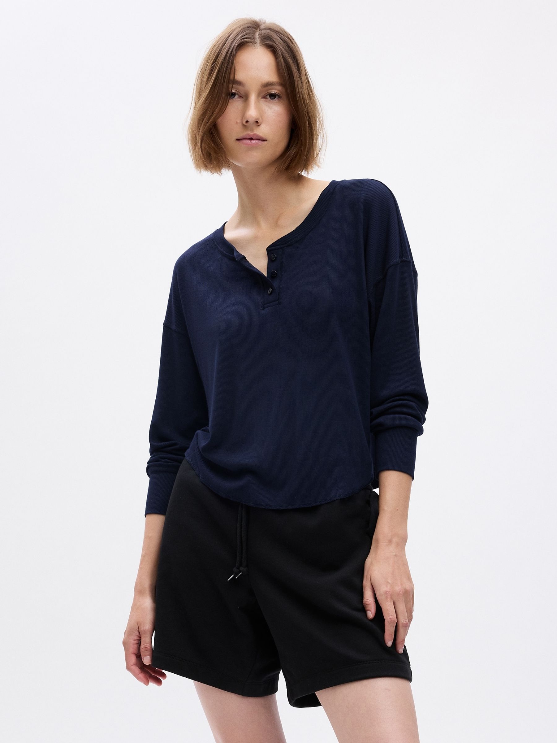 Blue Ribbed Henley Long Sleeve Pyjama Top - Image 1 of 2