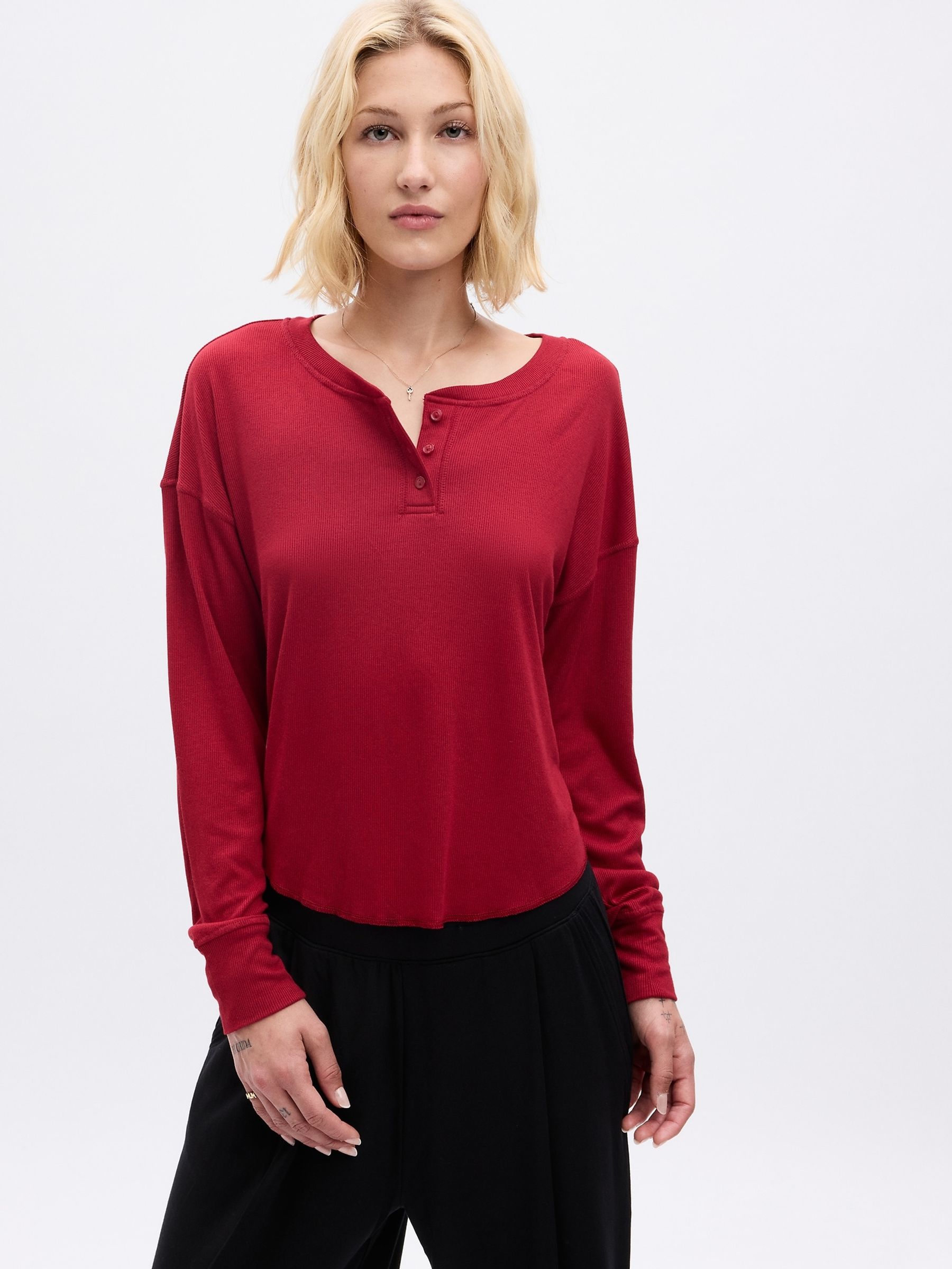 Red Ribbed Henley Long Sleeve Pyjama Top - Image 1 of 2