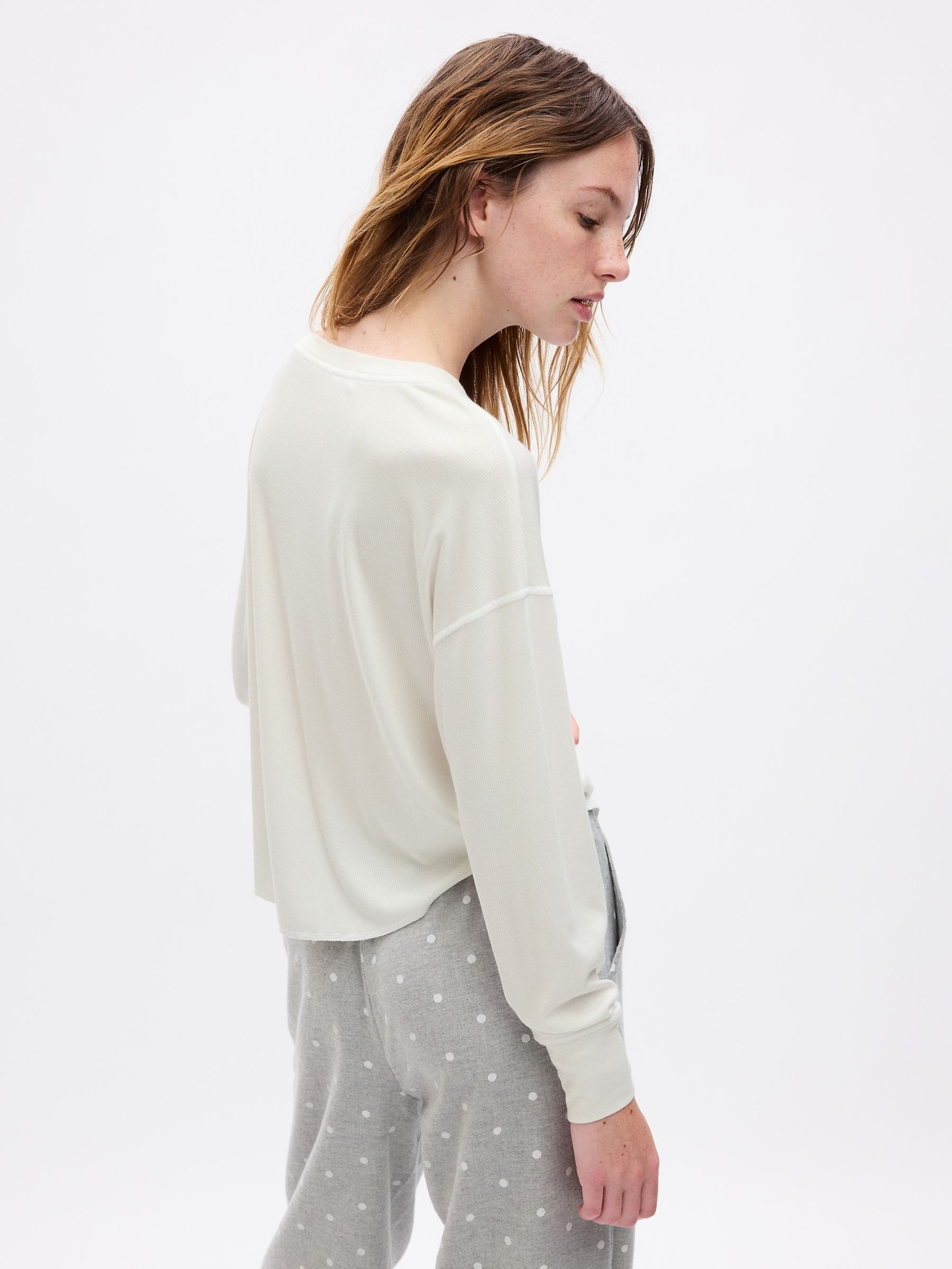 White Ribbed Henley Long Sleeve Pyjama Top - Image 2 of 4