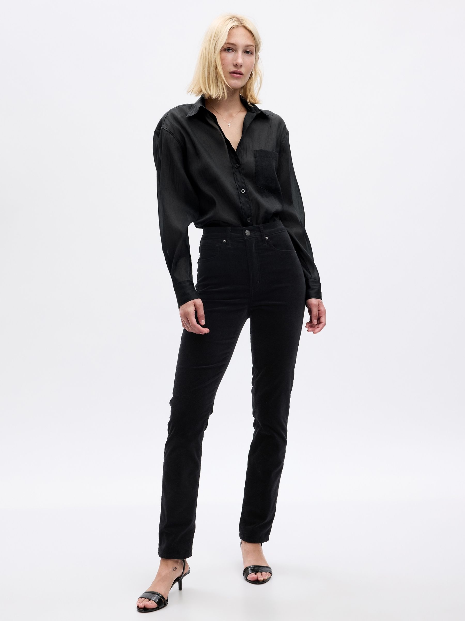 Black Sheer Long Sleeve Pocket Big Shirt - Image 1 of 4