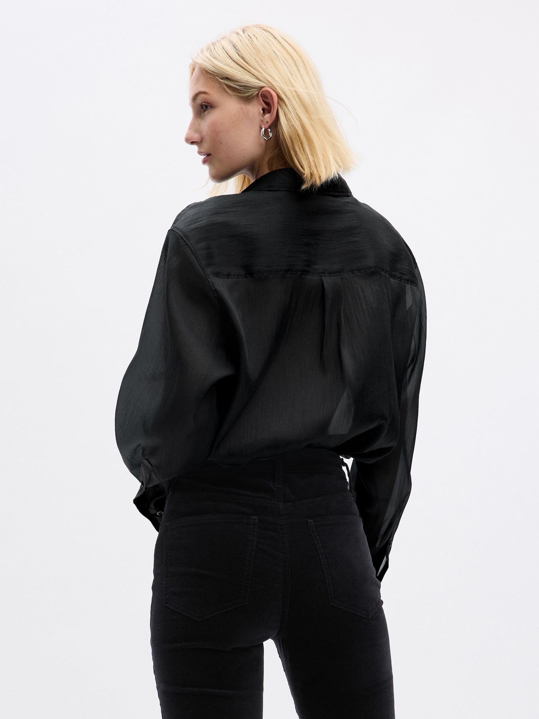Black Sheer Long Sleeve Pocket Big Shirt - Image 2 of 4