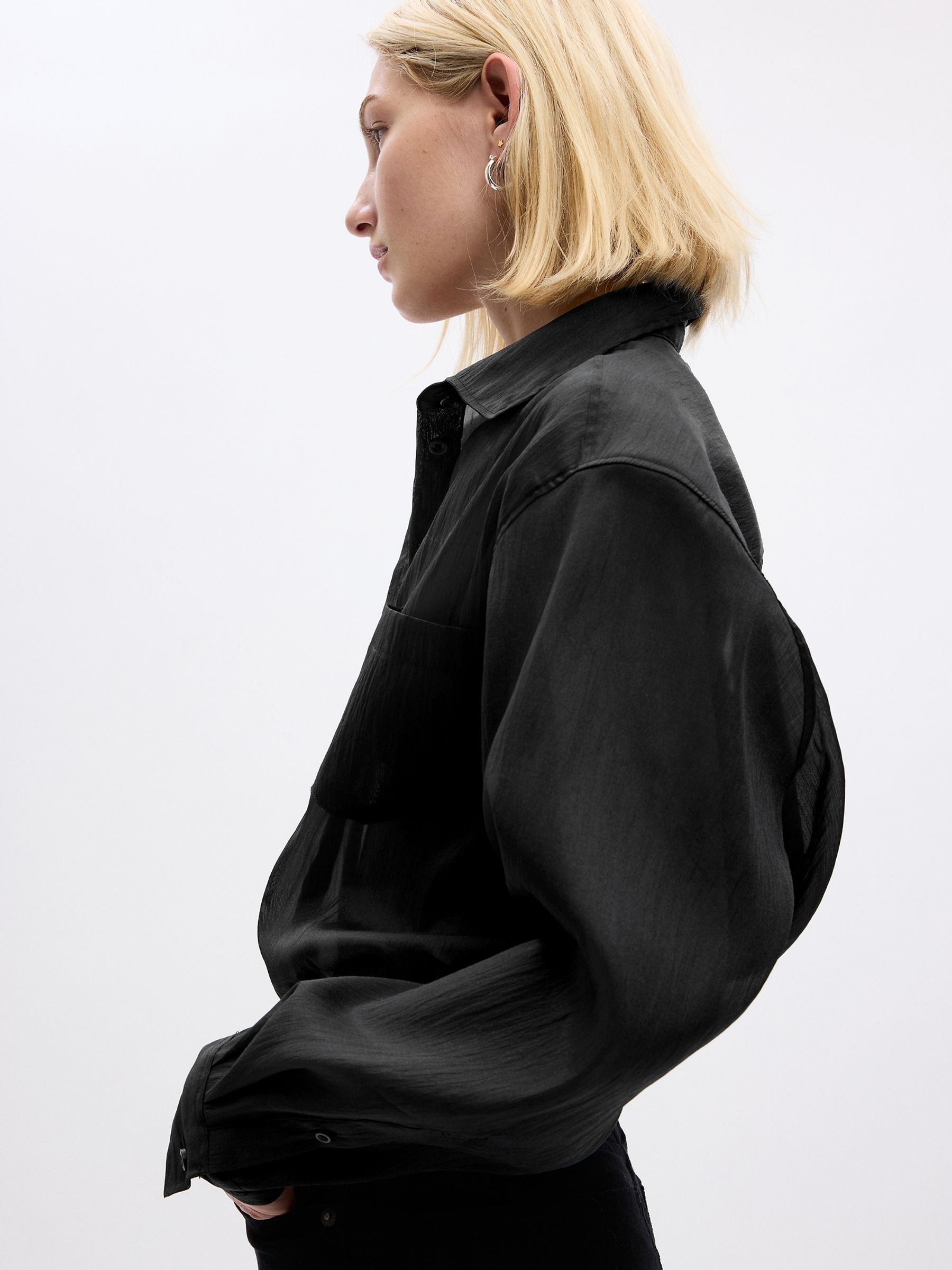 Black Sheer Long Sleeve Pocket Big Shirt - Image 3 of 4