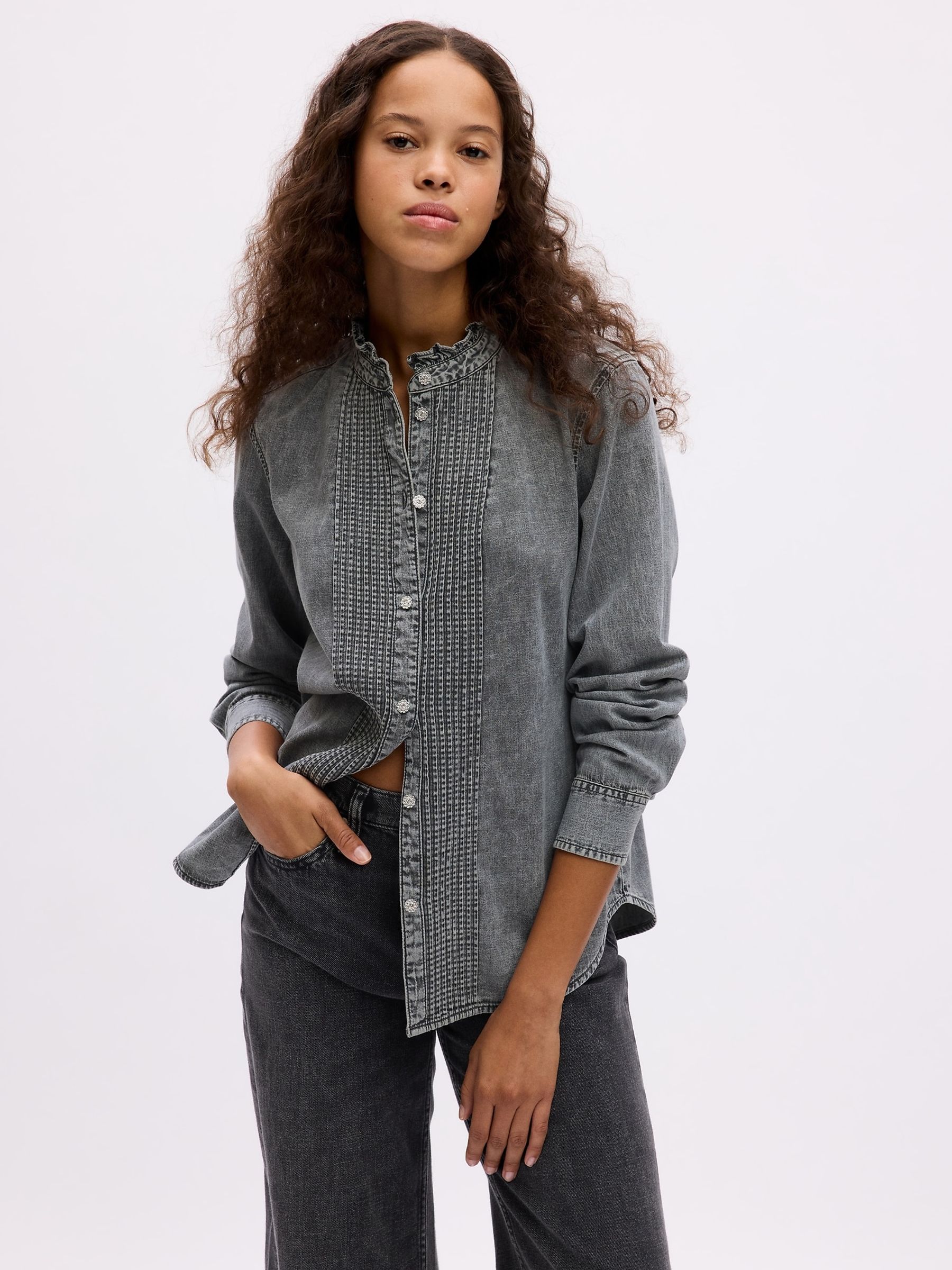 Grey Jeweled Buttoned Denim Shirt - Image 1 of 4
