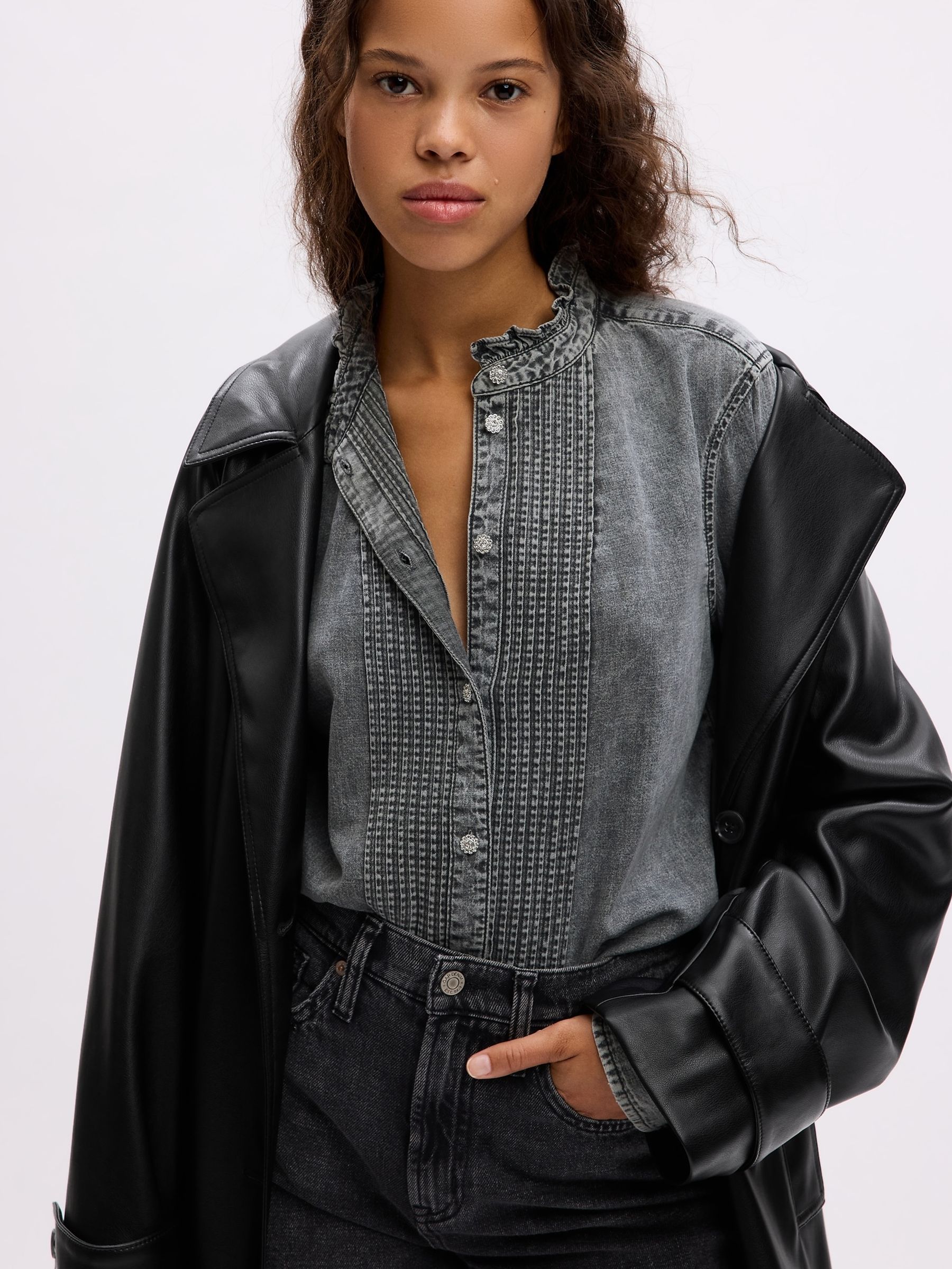 Grey Jeweled Buttoned Denim Shirt - Image 3 of 4