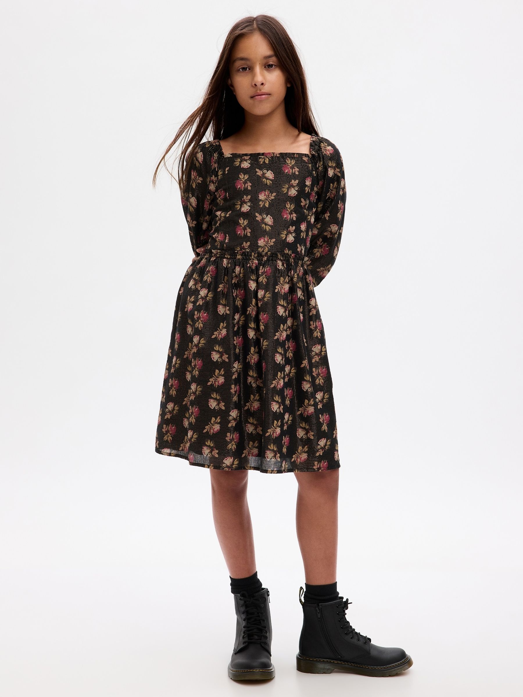 Black Floral Smocked Floral Print Dress (4-13yrs) - Image 1 of 4