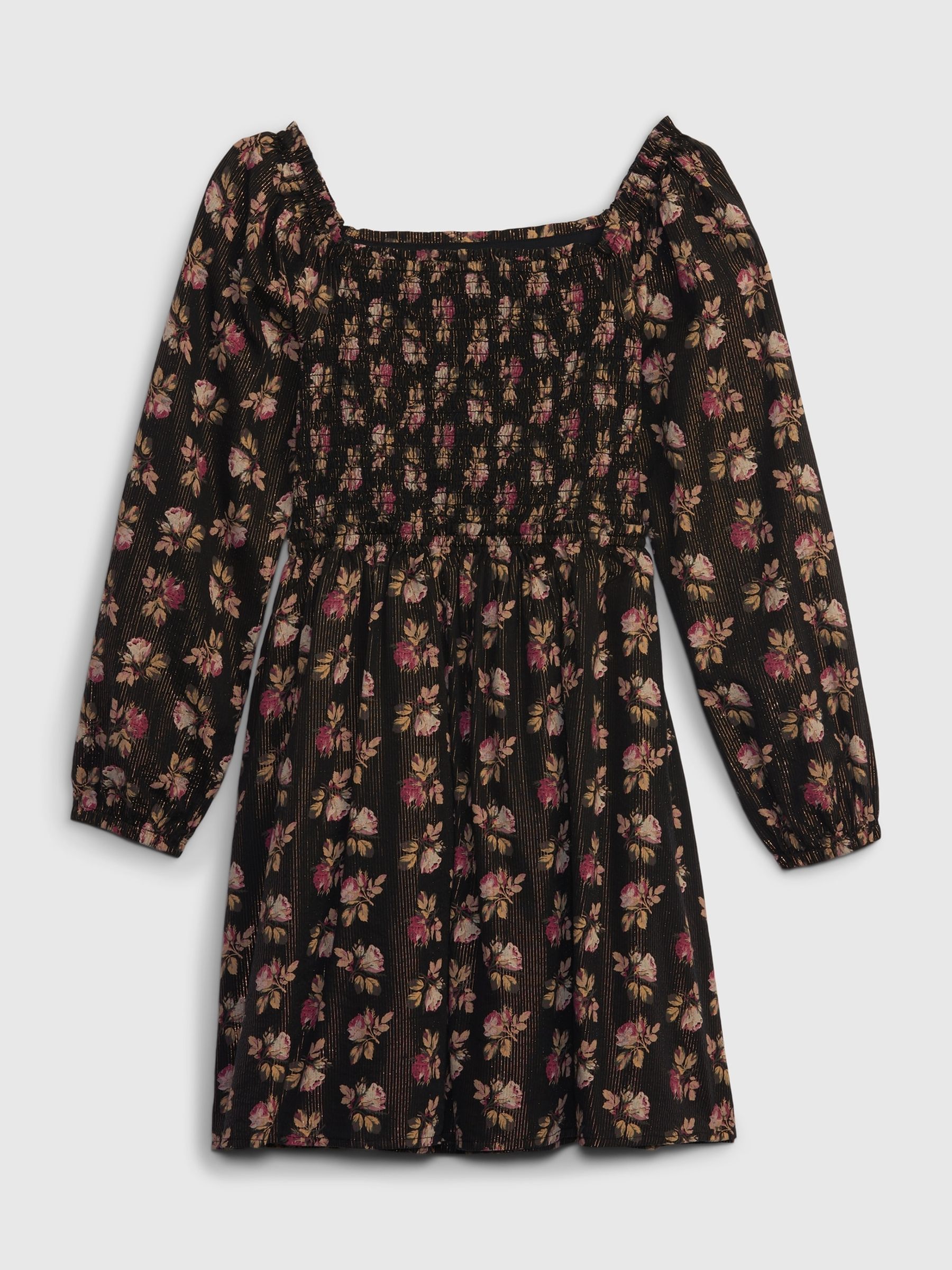 Black Floral Smocked Floral Print Dress (4-13yrs) - Image 4 of 4