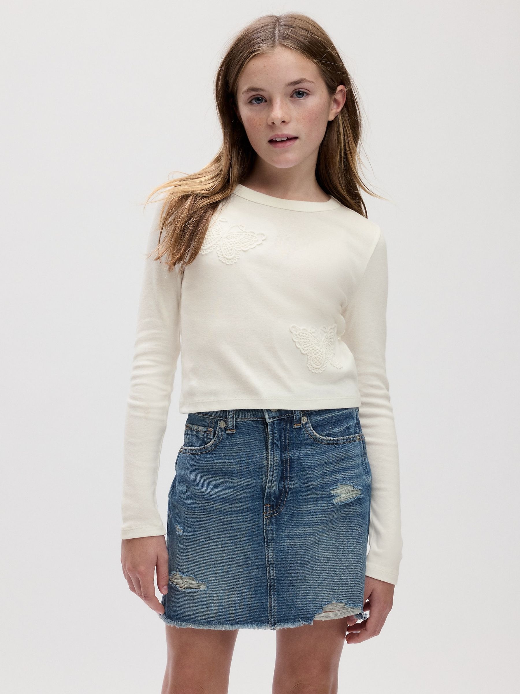White Butterfly GraphicvLong Sleeve Crew Neck T-Shirt (4-13yrs) - Image 1 of 1