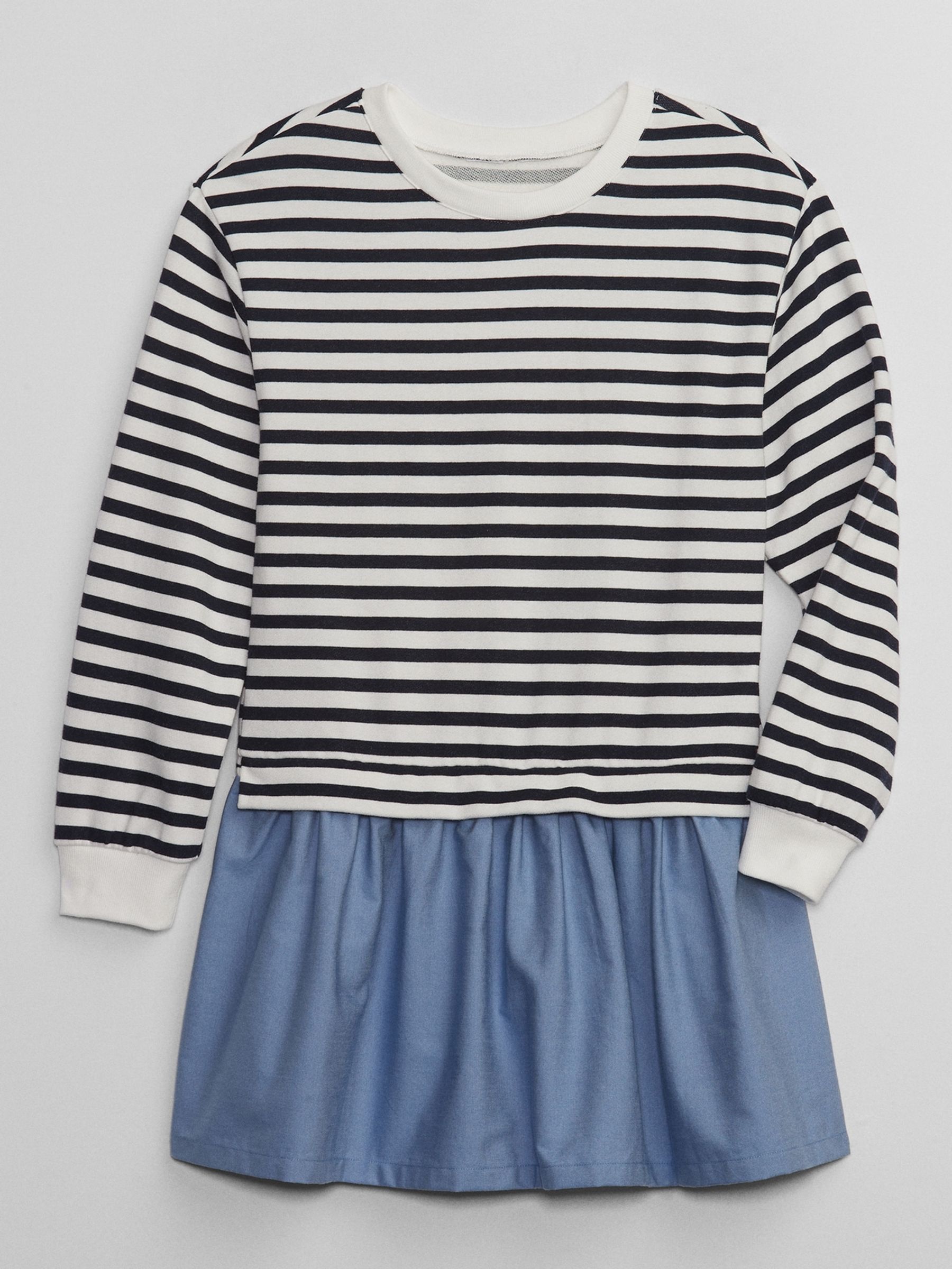 White and Black Sweatshirt Crew Neck Long Sleeve Dress (4-13yrs) - Image 1 of 2