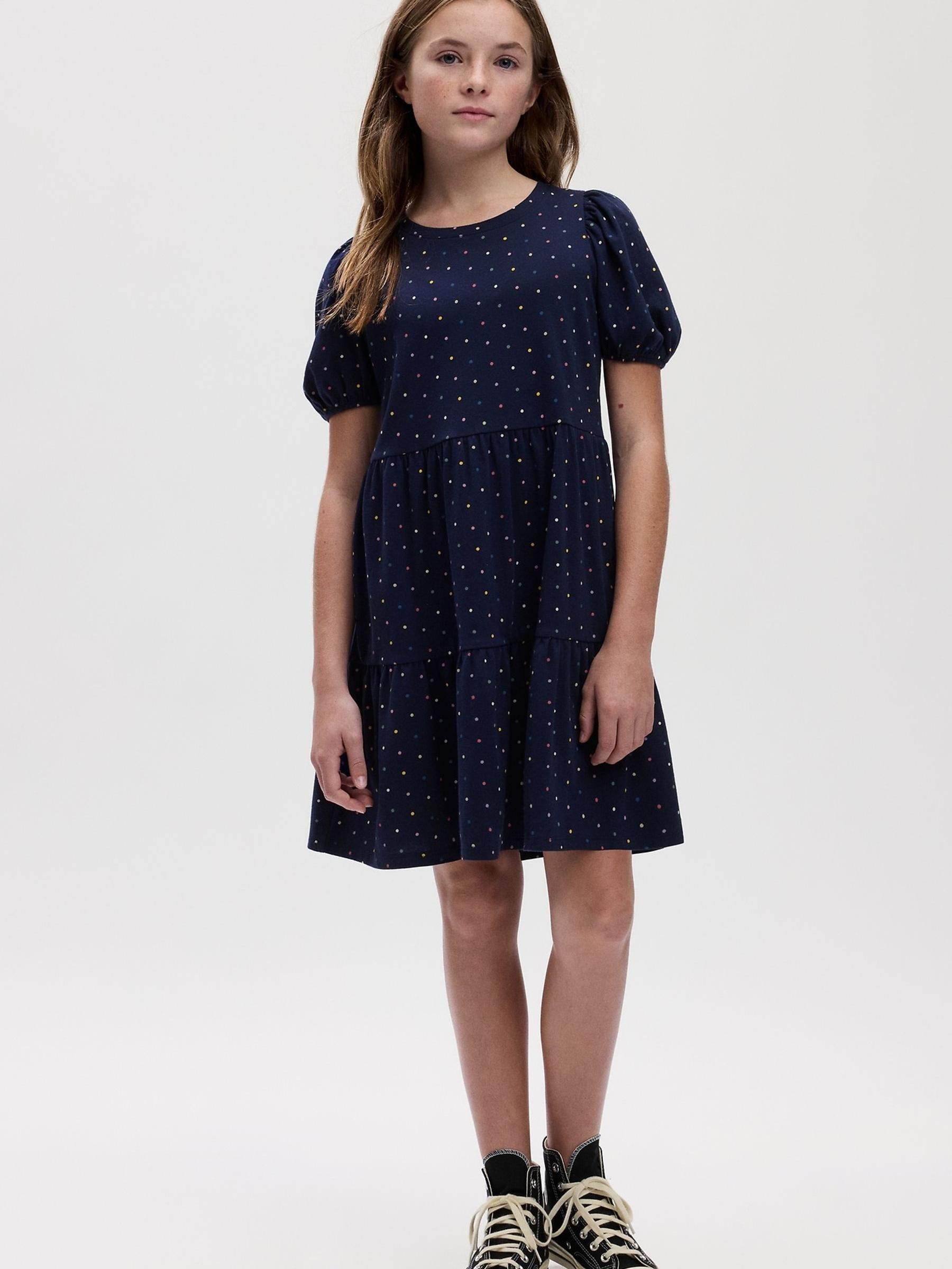 Navy Blue Puff Short Sleeve Dress (4-13yrs) - Image 1 of 1
