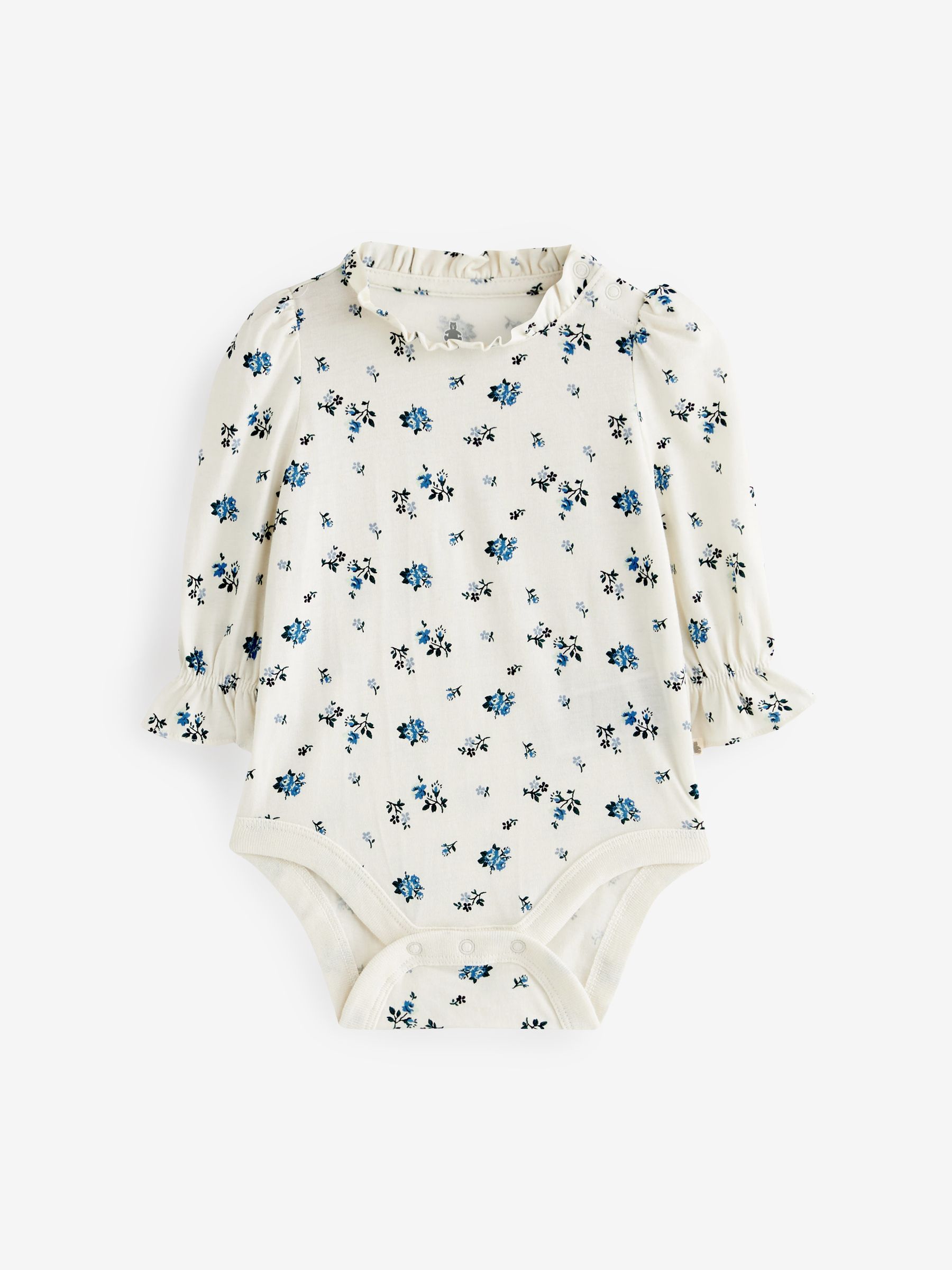 White & Blue Ruffle Long Sleeve Baby Bodysuit - Image 1 of 2