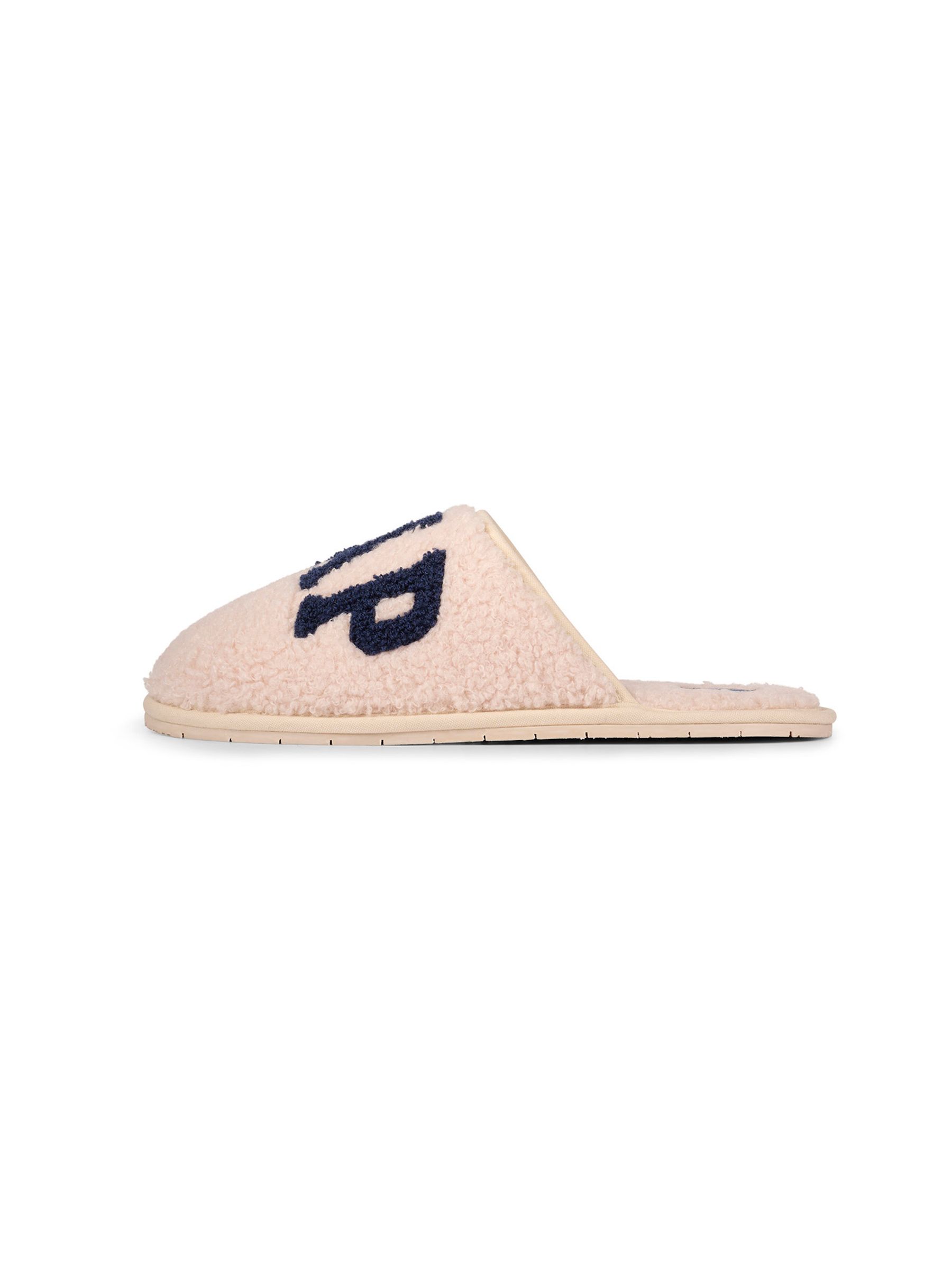 Cream and Navy Blue Women's Plano Logo Borg Slippers - Image 2 of 5