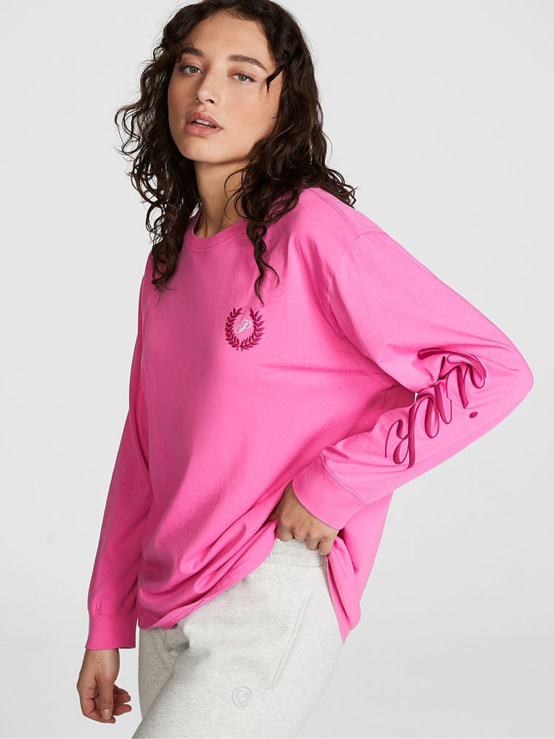 Sizzling Strawberry Pink Long Sleeve Oversized Campus T-Shirt - Image 1 of 1
