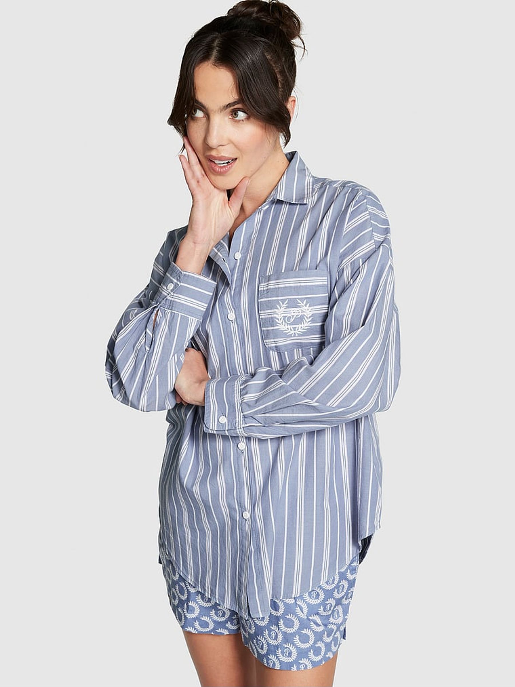 Dusty Iris Blue Cotton Oversized Long Sleeve Night Shirt - Image 1 of 4