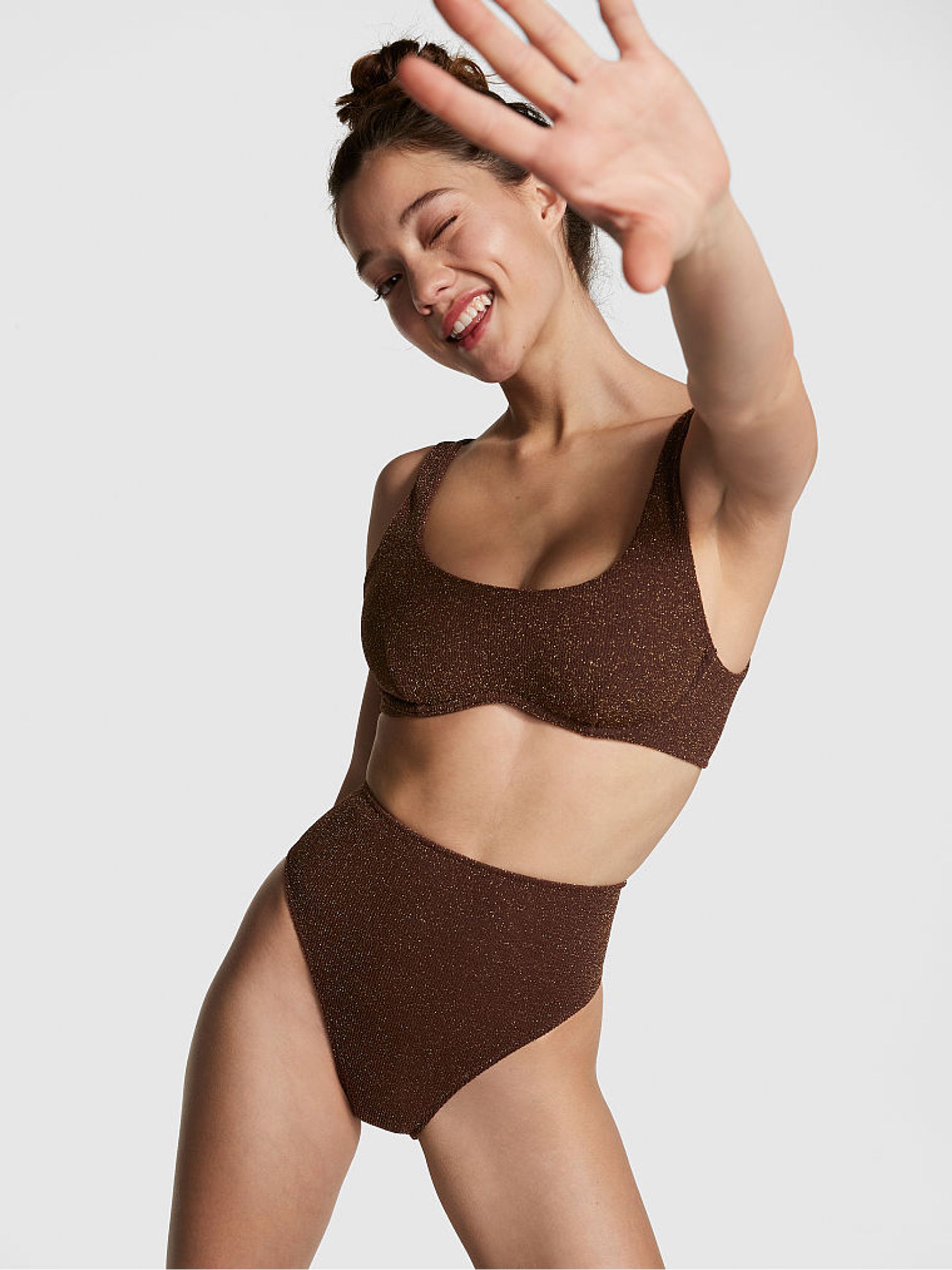 Ganache Brown Shimmer High Waisted Bikini Bottom - Image 1 of 4
