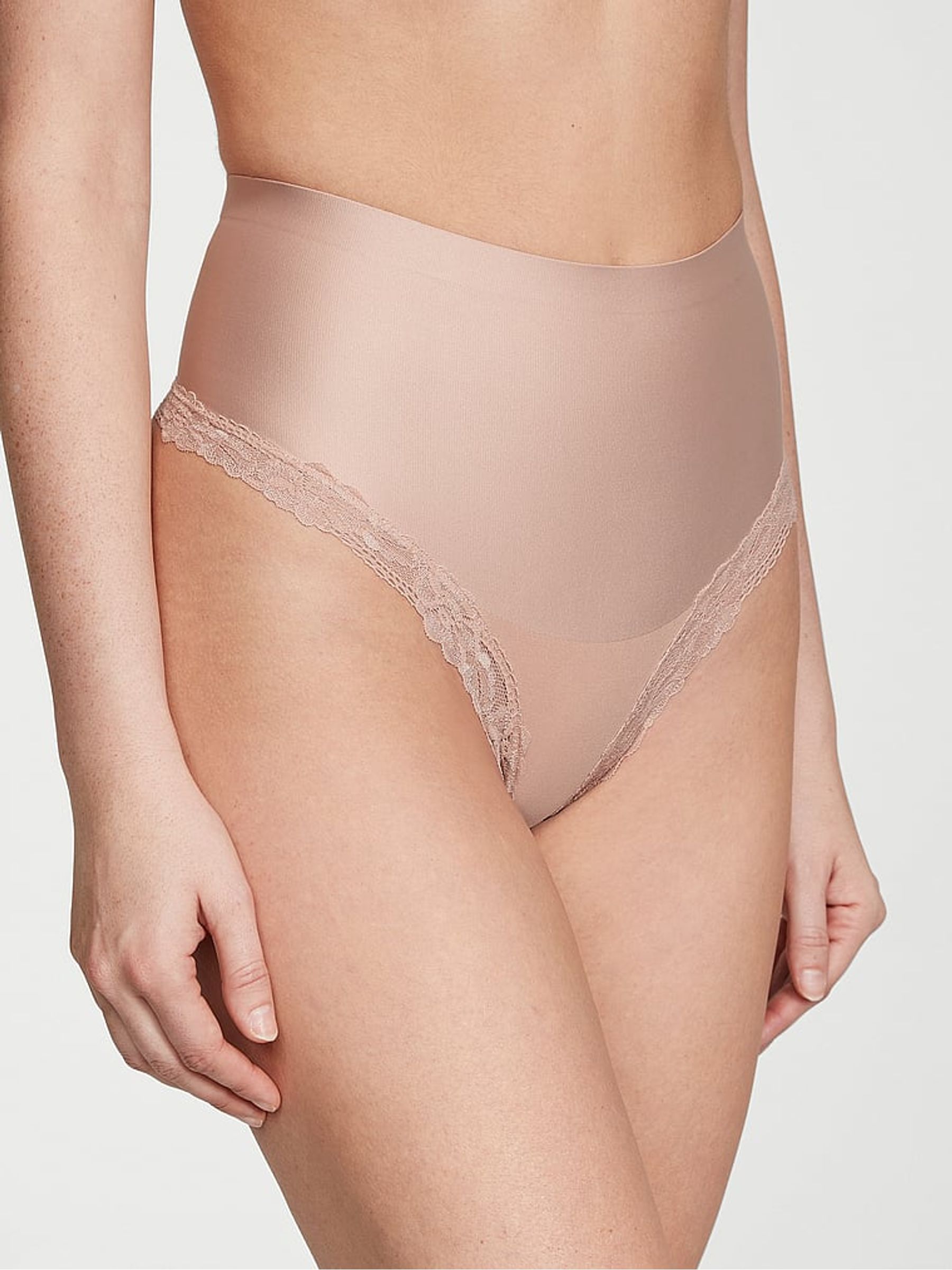 Macaron Nude Lace Trim Thong Shaping Knickers - Image 1 of 4