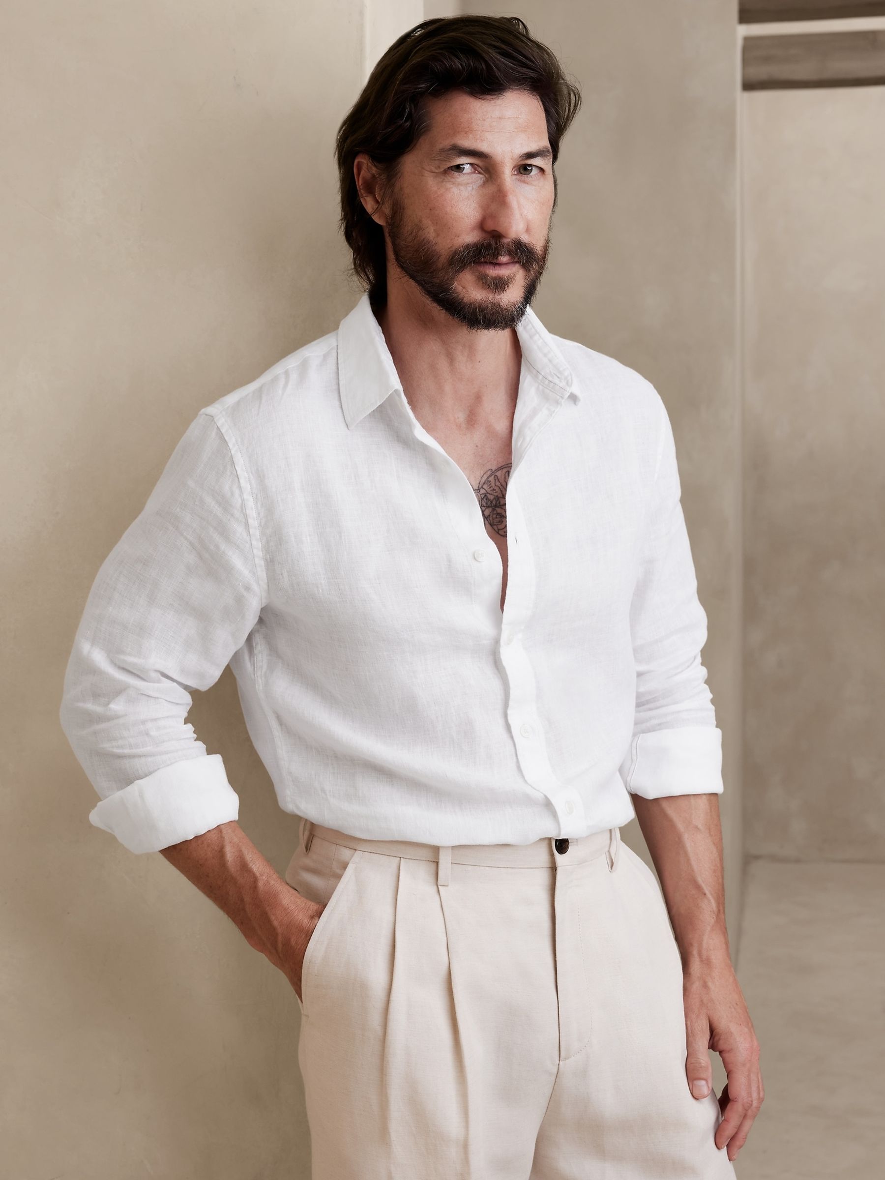 Banana Republic White 100% Linen Castelletto Long Sleeve Shirt - Image 1 of 4