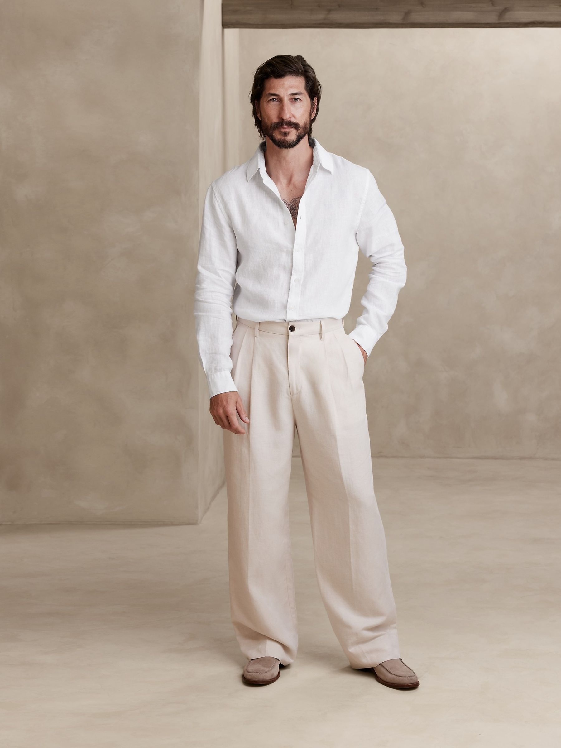 Banana Republic White 100% Linen Castelletto Long Sleeve Shirt - Image 3 of 4