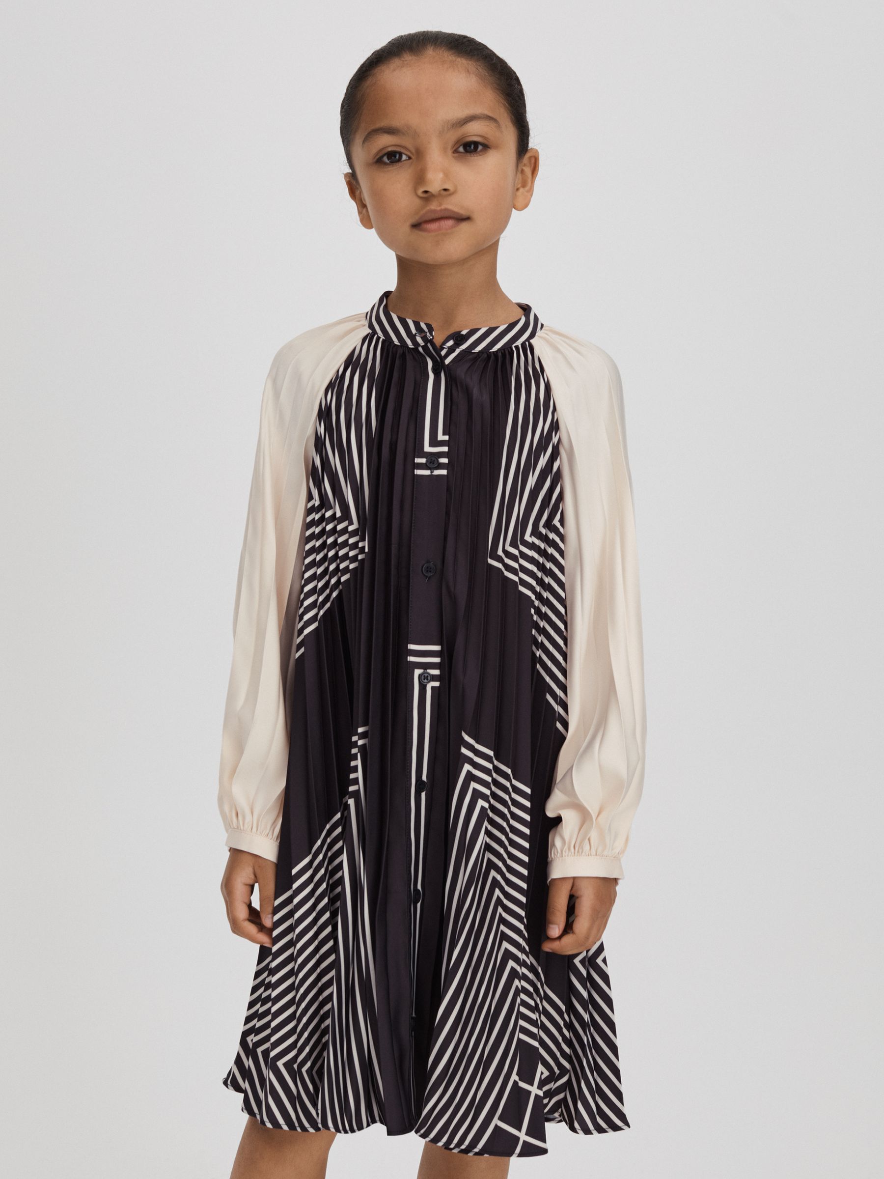 Teen Printed Pleated Dress in Navy - Image 1 of 6