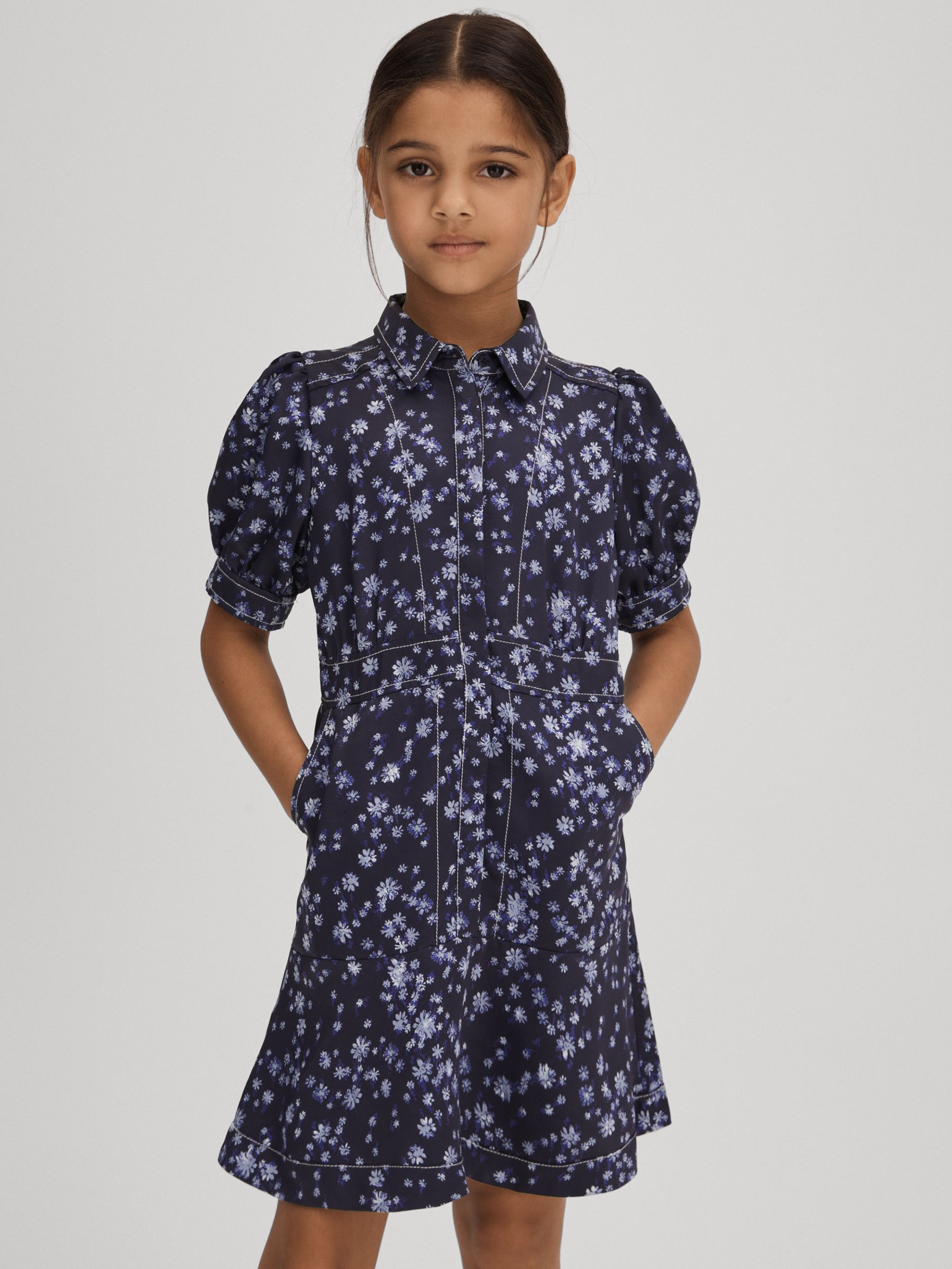 4-9 yrs Printed Puff Sleeve Dress in Navy Print - Image 1 of 6